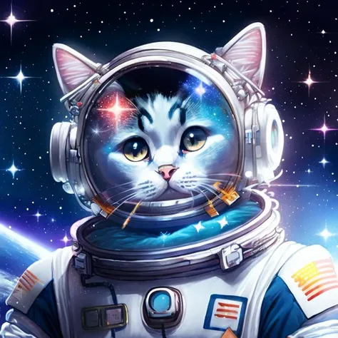 masterpiece, best quality, close-up, space, ((cat) as anastronaut), silver fur, space helmet with cat ears,colorful stars, radiant light, heterochromia,(anime) aesthetic, space art, scifi, cute, simple space suit