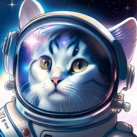 masterpiece, best quality, close-up, space, ((cat) as anastronaut), silver fur, space helmet with cat ears,colorful stars, radiant light, heterochromia,(anime) aesthetic, space art, scifi, cute, simple space suit