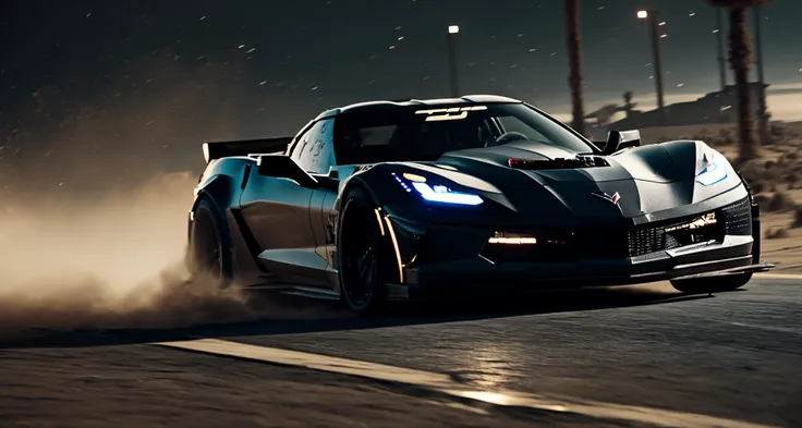 night shot of a corvette on a desert road<lora:Corvette:0.61> CinemaHelper FFbF_Heavy