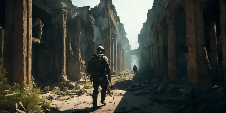 cinema768-analog a lone survivor wearing a backpack and helmet and gloves walking through ruins
Ruin768