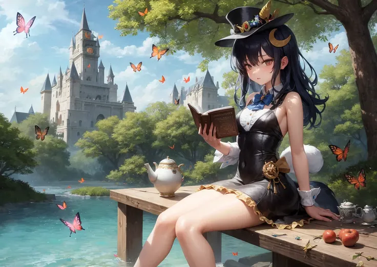 masterpiece,best quality,Detailed face description,perfect lighting,highres,full body
sitting at edge of clear water,teapot,teacup,reading book,fruit tree,(too many animal,too many butterflies:1.106),a beautiful castle in a distance,magic circle, 
1girl,black hair,(gradient hair:1.2),blue hair bow,fur-trimmed dress,crescent hat ornament,hat ornament,hair bow,bowtie,red hair bow,hat ribbon,sun visor,