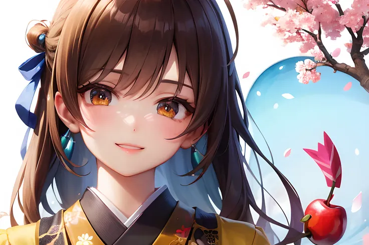 (upper body close-up:1.5) ,colorful startrails,((Cherry blossoms)),(shrine),solo,neat figure,(young girl),(long hair),(golden_eyes),(brown hair),(beautiful detailed eyes),((japanese_clothes)),A rock with runes,ribbon,hair ribbon,bell,hair ornament,hair bow,(ray tracing),reflection light,(((masterpiece))),((Clear picture)),(ahoge),ray tracing,(best quality), ((masterpiece)),(highres), original, extremely detailed 8K wallpaper, {an extremely delicate and beautiful},incredibly_absurdres,colorful,intricate detail,{best quality}, {{masterpiece}},Smile:1.1,