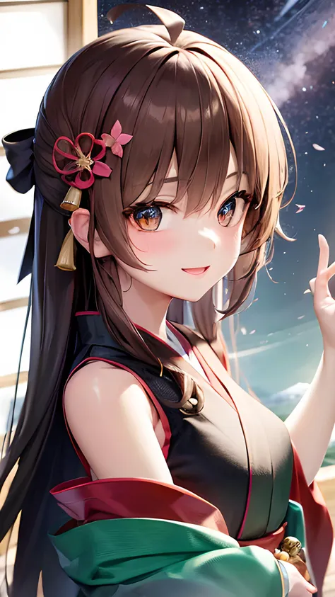 {upper body close-up:1.5} ,colorful startrails,((Cherry blossoms)),(torii),solo,neat figure,(young girl),(long hair),(golden_eyes),(brown hair),(beautiful detailed eyes),((japanese_clothes)),A rock with runes,ribbon,hair ribbon,bell,hair ornament,hair flower,hair bow,(ray tracing),reflection light,(((masterpiece))),((Clear picture)),(ahoge),ray tracing,(best quality), ((masterpiece)),(highres), original, extremely detailed 8K wallpaper, {an extremely delicate and beautiful},incredibly_absurdres,colorful,intricate detail,{best quality}, {{masterpiece}},Smile:1.1,