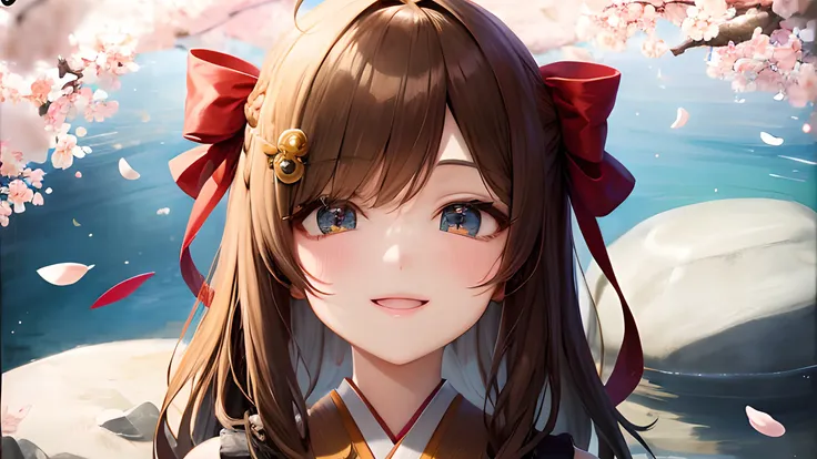 {upper body close-up:2.0} ,colorful startrails,((Cherry blossoms)),(torii),solo,neat figure,(young girl),(long hair),(golden_eyes),(brown hair),(beautiful detailed eyes),((japanese_clothes)),A rock with runes,ribbon,hair ribbon,bell,hair ornament,hair bow,(ray tracing),reflection light,(((masterpiece))),((Clear picture)),(ahoge),ray tracing,(best quality), ((masterpiece)),(highres), original, extremely detailed 8K wallpaper, {an extremely delicate and beautiful},incredibly_absurdres,colorful,intricate detail,{best quality}, {{masterpiece}},Smile:1.1,