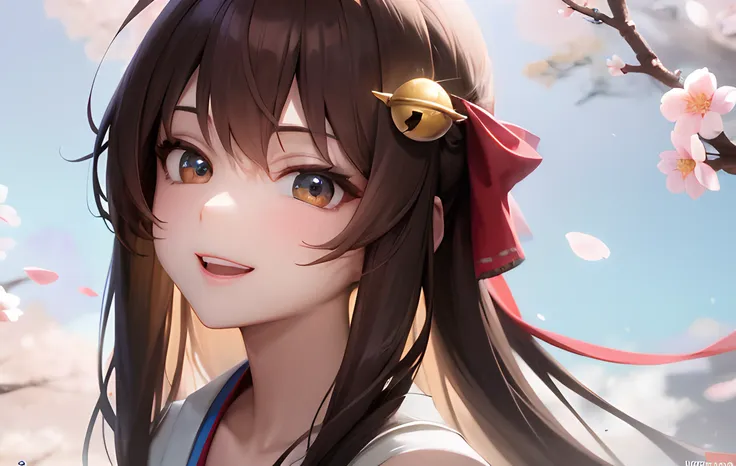 (upper body close-up:1.5) ,colorful startrails,((Cherry blossoms)),(shrine),solo,neat figure,(young girl),(long hair),(golden_eyes),(brown hair),(beautiful detailed eyes),((japanese_clothes)),A rock with runes,ribbon,hair ribbon,bell,hair ornament,hair bow,(ray tracing),reflection light,(((masterpiece))),((Clear picture)),(ahoge),ray tracing,(best quality), ((masterpiece)),(highres), original, extremely detailed 8K wallpaper, {an extremely delicate and beautiful},incredibly_absurdres,colorful,intricate detail,{best quality}, {{masterpiece}},Smile:1.1,