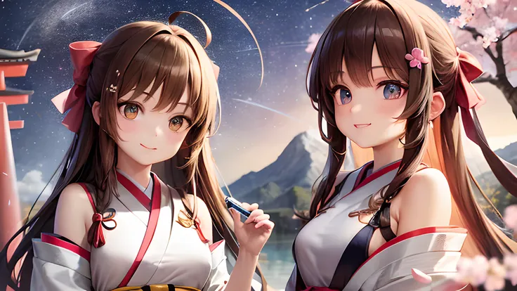 {upper body close-up:2.0} ,colorful startrails,((Cherry blossoms)),(torii),solo,neat figure,(young girl),(long hair),(golden_eyes),(brown hair),(beautiful detailed eyes),((japanese_clothes)),A rock with runes,ribbon,hair ribbon,bell,hair ornament,hair bow,(ray tracing),reflection light,(((masterpiece))),((Clear picture)),(ahoge),ray tracing,(best quality), ((masterpiece)),(highres), original, extremely detailed 8K wallpaper, {an extremely delicate and beautiful},incredibly_absurdres,colorful,intricate detail,{best quality}, {{masterpiece}},Smile:1.1,