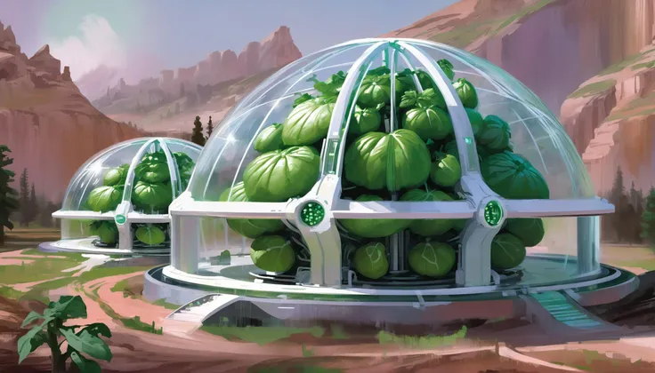 digital acrylic painting of a sci-fi Hydroponic Agriculture Domes, photoshop thick acrylic brushes<lora:EnvySpeedPaintXL01:1>