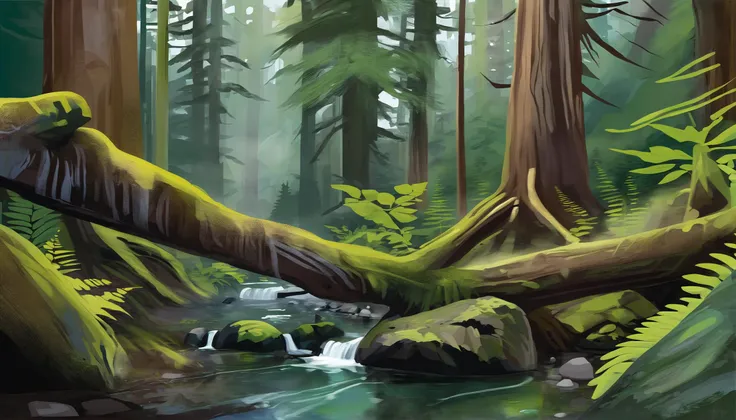 digital acrylic painting of a Temperate Rainforest, photoshop thick acrylic brushes<lora:EnvySpeedPaintXL01:1>