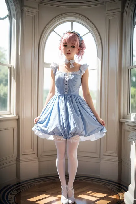 (masterpiece, best quality), 1girl, blue and white frill dress, (white stockings), pink hair, cute face, standing, indoor, intricate detail, sunlight, <lora:add_detail:1>