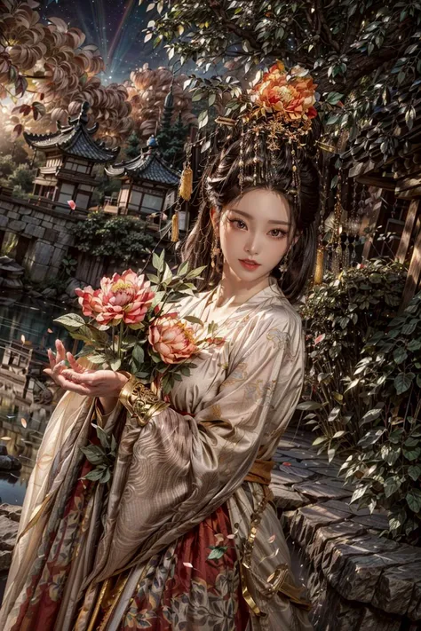 <(best quality, extremery best quality, masterpiece:1.4), (realistic, intricate details:1.4), (photorealistic:1.4), (extremely intricate:1.4), highres, ultra highres, ultra detailed, ultra-detailed, absurdres, incredibly absurdres, extremely detailed, high quality, high resolution, hyperrealistic, ultra-realistic, hyper-detailed, top quality, best, fine detail, massive detail, Highly detailed, extreme detailed, highest detailed, high-res, absolutely resolution, reflection, (refraction:1.4), (hyperrealism:1.4)>, BREAK, (1girl:1.3), solo, looking at viewer, (young cute beautiful 18-year-old girl:1.4), 3d face, (hand of Guido Daniele:1.4), beautiful girl, Beautiful face, pretty, girlface, kpop idol, supermodel, stunning innocent symmetry face, perfect body, medium breast, slim waist, slim legs, (high detailed skin:1.5), glowing eyes, goddess, natural skin texture, shiny skin, White skin, Beautiful detailed face, detailed face, real skin texture, cute delicate face, finely detailed face, golden ratio, golden ratio face, expressive eyes, perfect face, perfect skin, flawless face, clear face, shiny hair, pale skin, Proper body proportion, perfect anatomy, realistic skin texture, luscious lips, glossy lips, natural makeup, beautiful bright pupils, slender figure, intricate eyes, detailed pupils, detailed face and eyes, longeyelashes, blush, good hand, perfect hands, pretty face, beautiful female bodies, finely detailed skin, oily shiny skin, clean facial features, an extremely delicate and beautiful, cute & girly, beautiful detailed eyes, stars in the eyes, detailed simmetric eyes, perfect smooth skin texture, BREAK, (((((standing, (zanhua, holding flower, Pink flower on head:1.4), (smile, Pink hair, Pink eye, long hair, Pink eyelashes, Pink lips, Pink lip colour, Eyes glowing Pink, flat bangs, wearing hanfu, in Pink and white, happy expression, bird, lotus, hair ornament, water, dancing with butterfly, hanfu_tang, tang dynasty, chinese traditional architecture, in the garden, floral background, brilliant colors, wearing Tang-style clothing, flowing sleeves, floral pattern, golden bracelets, pearl earrings, long_hair, nail_polish, jewelry, ancient art, chinese style, golden embroidery, ornate hairpin, jade accessories, standing in imperial palace, red pillars, golden details, intricate carvings, decorative screens, sparkling jewels, ruqun, rich Chinese red, golden decorations, exquisite screens, golden dragon-patterned wallpaper, Pink silk curtains, delicate porcelain, Pink flower decorations, Pink carpets, mooth curved bridge, blue sky and green water:1.5), (night, Night time, moon light, sky, landscape, aurora borealis, stars, outdoors, Chinese, Pink fireworks, Sakura tree background:1.4), (lake background, mountains, full moon background, night lake shore, river, forest, chinese style countryard, lanterns, pond, cobblestone pathway, building pavilion, chinese buildings, moutains, misty lake, ancient chinese background, puddle, after the rain, petals falling, wet grass and trees, flower sea, in a meadow, waterfall, breeze, flying splashes, flying petals, leaves, bloom, bloom effect, surrounded by heavy floating petal flow, petal, Pink butterfly, flower, detailed beautiful grassland with petal, flowers, plants, Pink rose, many Pink roses, leaves falling from the tree, dust is drifting, ethereal, scenery, nature, mysterious background:1.4), (iridescent colors, Iridescence, blush, mysterious, fantasy background, fantasy, open mouth:1.2), (fog, wind:1.2), (Luminescent Particles:1.3), (fullbody:1.2), (eye focus, face focus, character focus, close-up face:1.2), (dutch angle, cowboy shot:1.3), colorful refraction)))), BREAK, <watercolor, available light, detailed light, volumetric fog, beautiful lighting, Rembrandt lighting, Cinematic, pixel art, game art, key visual, surreal, PBR Texturing, Anisotropic Filtering, Maximum Clarity And Sharpness, Albedo And Specular Maps, Multi-Layered Textures, Surface Shading, Sub-Pixel Convolution, Sub-Pixel Convolution, Accurate Simulation Of Light-Material Interaction, blurry foreground, broad light, volumetric light effect, matte painting, perfectly defined features, volumetric lighting, Tone Mapping, Lumen Reflections, Global illumination, Ray Tracing, Screen Space Global Illumination, Accent Lighting, 32k, Natural Lighting, volumetric, cinematic masterpiece, Rule of thirds, high dynamic range, Multi-exposure HDR capture, cinematic render, game cg cinematic, atmospheric perspective, movie scene, epic dynamic frame, motion blur, ((cinematic look, Film look)), rim light, 4k textures, adobe lightroom, photolab, insane details, hyperdetailed, exposure blend, professional color grading, professional color correction, aerial perspective, particles and dust in beams of light, cinematic scene, dynamic lighting, sharp details, lomography, soft focus, light leaks, bold hues, atmospheric depth, (explosive light and shadow:1.2), aesthetics, intricate designs, ultra realistic digital art, (zentangle, mandala, tangle, entangle), (fractal art), elegant, vivid colours, floating particles, particles, dramatic, epic, (ink drawing, oil painting detailed), (dramatic lighting:1.2), RAW, huge filesize, extremery detailed CG, Photo, 8k uhd, cinematic atmosphere, trending on artstation, award-winning glamour photograph, highly detailed photo, official art, beautiful and aesthetic, unity 8k wallpaper, beautiful, highly detailed CG illustration, best illustration, intricate, Amazing, emotional, analog, painting, digital painting, concept art, Oil Painting, illustration, Classical art, Renaissance, Romanticism, Neoclassicism, Color Palette, depth and contrast, Vibrant colors, saturated, rich saturation, color harmony, vivid palette, concept-art, design style, detail character, concept render, colorful, analog photography, dreamy atmosphere, specular highlights, atmospheric lighting, (dynamic angle, dynamic pose :1.3), (shiny, clothes reflecting light, lens flare, bloom effect, light particle, lens glare:1.3), realistic lighting, cinematic light, (cinematic lighting), light in the face, soft lighting, saturated colors, detailed background, sharp focus, 8k high definition, perspective, Master Composition, roughness, post-processing, soft shadows, realistic shadows, ambient occlusion, ray-tracing, subsurface scattering, photon mapping, physically-based rendering, octane rendering, unreal engine 5, ue5 rendering, Adobe After FX, dslr, RTX, Best character details, radiosity, sharp, antialiased, RAW photo, HDR, 8k, 4k, (((Photographed by Roger Deakins, using a RED Monstro 8K VV camera and a series of high-end lenses))), ((Hasselblad photography)), (film grain:1.4), Kodak portra 400, ((Fujifilm X-T5)), professional photograph, depth of field, caustics, Broad lighting, diffuse lighting, rim lighting, two tone lighting, textile details, visible pores, high resolution scan, professionally color graded, photographic reality, automatic white balance, best lighting, detailed shadow, high contrast, strong light and shadow>, (PureErosFace_V1:0.5), (ulzzang-6500:1), <lora:epiNoiseoffset_v3:2>, <lora:add_detail:2>, <lora:hipoly_3dcg_v7-epoch-000012:0.6>, <lora:zhongfenghuaxiyou-000018:0.1>, zhongfenghua, <lora:zanhua_v1:0.9>