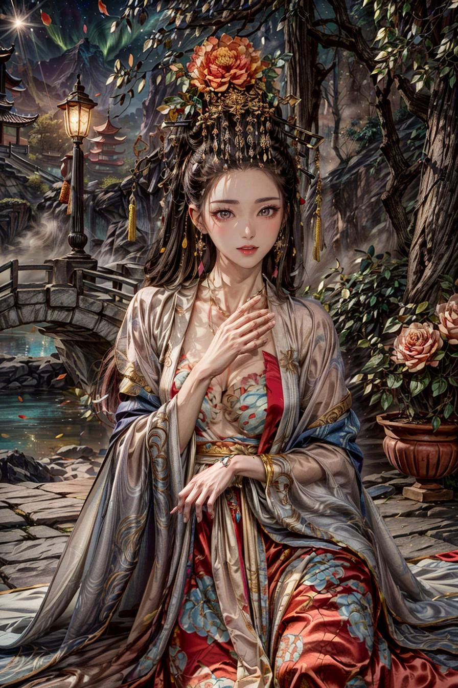 <(best quality, extremery best quality, masterpiece:1.4), (realistic, intricate details:1.4), (photorealistic:1.4), (extremely intricate:1.4), highres, ultra highres, ultra detailed, ultra-detailed, absurdres, incredibly absurdres, extremely detailed, high quality, high resolution, hyperrealistic, ultra-realistic, hyper-detailed, top quality, best, fine detail, massive detail, Highly detailed, extreme detailed, highest detailed, high-res, absolutely resolution, reflection, (refraction:1.4), (hyperrealism:1.4)>, BREAK, (1girl:1.3), solo, looking at viewer, (young cute beautiful 18-year-old girl:1.4), 3d face, (hand of Guido Daniele:1.4), beautiful girl, Beautiful face, pretty, girlface, kpop idol, supermodel, stunning innocent symmetry face, perfect body, medium breast, slim waist, slim legs, (high detailed skin:1.5), glowing eyes, goddess, natural skin texture, shiny skin, White skin, Beautiful detailed face, detailed face, real skin texture, cute delicate face, finely detailed face, golden ratio, golden ratio face, expressive eyes, perfect face, perfect skin, flawless face, clear face, shiny hair, pale skin, Proper body proportion, perfect anatomy, realistic skin texture, luscious lips, glossy lips, natural makeup, beautiful bright pupils, slender figure, intricate eyes, detailed pupils, detailed face and eyes, longeyelashes, blush, good hand, perfect hands, pretty face, beautiful female bodies, finely detailed skin, oily shiny skin, clean facial features, an extremely delicate and beautiful, cute & girly, beautiful detailed eyes, stars in the eyes, detailed simmetric eyes, perfect smooth skin texture, BREAK, (((((standing, (zanhua, holding flower, Pink flower on head:1.4), (smile, Pink hair, Pink eye, long hair, Pink eyelashes, Pink lips, Pink lip colour, Eyes glowing Pink, flat bangs, wearing hanfu, in Pink and white, happy expression, bird, lotus, hair ornament, water, dancing with butterfly, hanfu_tang, tang dynasty, chinese traditional architecture, in the garden, floral background, brilliant colors, wearing Tang-style clothing, flowing sleeves, floral pattern, golden bracelets, pearl earrings, long_hair, nail_polish, jewelry, ancient art, chinese style, golden embroidery, ornate hairpin, jade accessories, standing in imperial palace, red pillars, golden details, intricate carvings, decorative screens, sparkling jewels, ruqun, rich Chinese red, golden decorations, exquisite screens, golden dragon-patterned wallpaper, Pink silk curtains, delicate porcelain, Pink flower decorations, Pink carpets, mooth curved bridge, blue sky and green water:1.5), (night, Night time, moon light, sky, landscape, aurora borealis, stars, outdoors, Chinese, Pink fireworks, Sakura tree background:1.4), (lake background, mountains, full moon background, night lake shore, river, forest, chinese style countryard, lanterns, pond, cobblestone pathway, building pavilion, chinese buildings, moutains, misty lake, ancient chinese background, puddle, after the rain, petals falling, wet grass and trees, flower sea, in a meadow, waterfall, breeze, flying splashes, flying petals, leaves, bloom, bloom effect, surrounded by heavy floating petal flow, petal, Pink butterfly, flower, detailed beautiful grassland with petal, flowers, plants, Pink rose, many Pink roses, leaves falling from the tree, dust is drifting, ethereal, scenery, nature, mysterious background:1.4), (iridescent colors, Iridescence, blush, mysterious, fantasy background, fantasy, open mouth:1.2), (fog, wind:1.2), (Luminescent Particles:1.3), (fullbody:1.2), (eye focus, face focus, character focus, close-up face:1.2), (dutch angle, cowboy shot:1.3), colorful refraction)))), BREAK, <watercolor, available light, detailed light, volumetric fog, beautiful lighting, Rembrandt lighting, Cinematic, pixel art, game art, key visual, surreal, PBR Texturing, Anisotropic Filtering, Maximum Clarity And Sharpness, Albedo And Specular Maps, Multi-Layered Textures, Surface Shading, Sub-Pixel Convolution, Sub-Pixel Convolution, Accurate Simulation Of Light-Material Interaction, blurry foreground, broad light, volumetric light effect, matte painting, perfectly defined features, volumetric lighting, Tone Mapping, Lumen Reflections, Global illumination, Ray Tracing, Screen Space Global Illumination, Accent Lighting, 32k, Natural Lighting, volumetric, cinematic masterpiece, Rule of thirds, high dynamic range, Multi-exposure HDR capture, cinematic render, game cg cinematic, atmospheric perspective, movie scene, epic dynamic frame, motion blur, ((cinematic look, Film look)), rim light, 4k textures, adobe lightroom, photolab, insane details, hyperdetailed, exposure blend, professional color grading, professional color correction, aerial perspective, particles and dust in beams of light, cinematic scene, dynamic lighting, sharp details, lomography, soft focus, light leaks, bold hues, atmospheric depth, (explosive light and shadow:1.2), aesthetics, intricate designs, ultra realistic digital art, (zentangle, mandala, tangle, entangle), (fractal art), elegant, vivid colours, floating particles, particles, dramatic, epic, (ink drawing, oil painting detailed), (dramatic lighting:1.2), RAW, huge filesize, extremery detailed CG, Photo, 8k uhd, cinematic atmosphere, trending on artstation, award-winning glamour photograph, highly detailed photo, official art, beautiful and aesthetic, unity 8k wallpaper, beautiful, highly detailed CG illustration, best illustration, intricate, Amazing, emotional, analog, painting, digital painting, concept art, Oil Painting, illustration, Classical art, Renaissance, Romanticism, Neoclassicism, Color Palette, depth and contrast, Vibrant colors, saturated, rich saturation, color harmony, vivid palette, concept-art, design style, detail character, concept render, colorful, analog photography, dreamy atmosphere, specular highlights, atmospheric lighting, (dynamic angle, dynamic pose :1.3), (shiny, clothes reflecting light, lens flare, bloom effect, light particle, lens glare:1.3), realistic lighting, cinematic light, (cinematic lighting), light in the face, soft lighting, saturated colors, detailed background, sharp focus, 8k high definition, perspective, Master Composition, roughness, post-processing, soft shadows, realistic shadows, ambient occlusion, ray-tracing, subsurface scattering, photon mapping, physically-based rendering, octane rendering, unreal engine 5, ue5 rendering, Adobe After FX, dslr, RTX, Best character details, radiosity, sharp, antialiased, RAW photo, HDR, 8k, 4k, (((Photographed by Roger Deakins, using a RED Monstro 8K VV camera and a series of high-end lenses))), ((Hasselblad photography)), (film grain:1.4), Kodak portra 400, ((Fujifilm X-T5)), professional photograph, depth of field, caustics, Broad lighting, diffuse lighting, rim lighting, two tone lighting, textile details, visible pores, high resolution scan, professionally color graded, photographic reality, automatic white balance, best lighting, detailed shadow, high contrast, strong light and shadow>, (PureErosFace_V1:0.5), (ulzzang-6500:1), <lora:epiNoiseoffset_v3:2>, <lora:add_detail:2>, <lora:hipoly_3dcg_v7-epoch-000012:0.6>, <lora:zhongfenghuaxiyou-000018:0.1>, zhongfenghua, <lora:zanhua_v1:0.9>