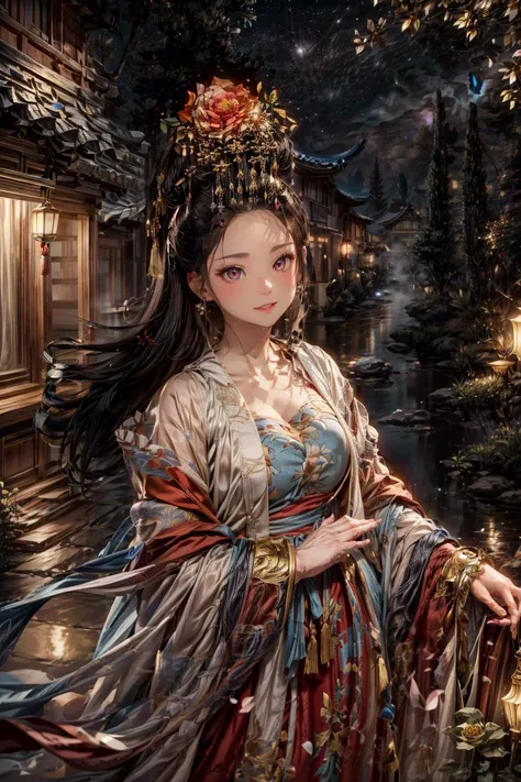 <(best quality, extremery best quality, masterpiece:1.4), (realistic, intricate details:1.4), (photorealistic:1.4), (extremely intricate:1.4), highres, ultra highres, ultra detailed, ultra-detailed, absurdres, incredibly absurdres, extremely detailed, high quality, high resolution, hyperrealistic, ultra-realistic, hyper-detailed, top quality, best, fine detail, massive detail, Highly detailed, extreme detailed, highest detailed, high-res, absolutely resolution, reflection, (refraction:1.4), (hyperrealism:1.4)>, BREAK, (1girl:1.3), solo, looking at viewer, (young cute beautiful 18-year-old girl:1.4), 3d face, (hand of Guido Daniele:1.4), beautiful girl, Beautiful face, pretty, girlface, kpop idol, supermodel, stunning innocent symmetry face, perfect body, medium breast, slim waist, slim legs, (high detailed skin:1.5), glowing eyes, goddess, natural skin texture, shiny skin, White skin, Beautiful detailed face, detailed face, real skin texture, cute delicate face, finely detailed face, golden ratio, golden ratio face, expressive eyes, perfect face, perfect skin, flawless face, clear face, shiny hair, pale skin, Proper body proportion, perfect anatomy, realistic skin texture, luscious lips, glossy lips, natural makeup, beautiful bright pupils, slender figure, intricate eyes, detailed pupils, detailed face and eyes, longeyelashes, blush, good hand, perfect hands, pretty face, beautiful female bodies, finely detailed skin, oily shiny skin, clean facial features, an extremely delicate and beautiful, cute & girly, beautiful detailed eyes, stars in the eyes, detailed simmetric eyes, perfect smooth skin texture, BREAK, (((((standing, (zanhua, holding flower, Pink flower on head:1.4), (smile, Pink hair, Pink eye, long hair, Pink eyelashes, Pink lips, Pink lip colour, Eyes glowing Pink, flat bangs, wearing hanfu, in Pink and white, happy expression, bird, lotus, hair ornament, water, dancing with butterfly, hanfu_tang, tang dynasty, chinese traditional architecture, in the garden, floral background, brilliant colors, wearing Tang-style clothing, flowing sleeves, floral pattern, golden bracelets, pearl earrings, long_hair, nail_polish, jewelry, ancient art, chinese style, golden embroidery, ornate hairpin, jade accessories, standing in imperial palace, red pillars, golden details, intricate carvings, decorative screens, sparkling jewels, ruqun, rich Chinese red, golden decorations, exquisite screens, golden dragon-patterned wallpaper, Pink silk curtains, delicate porcelain, Pink flower decorations, Pink carpets, mooth curved bridge, blue sky and green water:1.5), (night, Night time, moon light, sky, landscape, aurora borealis, stars, outdoors, Chinese, Pink fireworks, Sakura tree background:1.4), (lake background, mountains, full moon background, night lake shore, river, forest, chinese style countryard, lanterns, pond, cobblestone pathway, building pavilion, chinese buildings, moutains, misty lake, ancient chinese background, puddle, after the rain, petals falling, wet grass and trees, flower sea, in a meadow, waterfall, breeze, flying splashes, flying petals, leaves, bloom, bloom effect, surrounded by heavy floating petal flow, petal, Pink butterfly, flower, detailed beautiful grassland with petal, flowers, plants, Pink rose, many Pink roses, leaves falling from the tree, dust is drifting, ethereal, scenery, nature, mysterious background:1.4), (iridescent colors, Iridescence, blush, mysterious, fantasy background, fantasy, open mouth:1.2), (fog, wind:1.2), (Luminescent Particles:1.3), (fullbody:1.2), (eye focus, face focus, character focus, close-up face:1.2), (dutch angle, cowboy shot:1.3), colorful refraction)))), BREAK, <watercolor, available light, detailed light, volumetric fog, beautiful lighting, Rembrandt lighting, Cinematic, pixel art, game art, key visual, surreal, PBR Texturing, Anisotropic Filtering, Maximum Clarity And Sharpness, Albedo And Specular Maps, Multi-Layered Textures, Surface Shading, Sub-Pixel Convolution, Sub-Pixel Convolution, Accurate Simulation Of Light-Material Interaction, blurry foreground, broad light, volumetric light effect, matte painting, perfectly defined features, volumetric lighting, Tone Mapping, Lumen Reflections, Global illumination, Ray Tracing, Screen Space Global Illumination, Accent Lighting, 32k, Natural Lighting, volumetric, cinematic masterpiece, Rule of thirds, high dynamic range, Multi-exposure HDR capture, cinematic render, game cg cinematic, atmospheric perspective, scene, epic dynamic frame, motion blur, ((cinematic look, Film look)), rim light, 4k textures, adobe lightroom, photolab, insane details, hyperdetailed, exposure blend, professional color grading, professional color correction, aerial perspective, particles and dust in beams of light, cinematic scene, dynamic lighting, sharp details, lomography, soft focus, light leaks, bold hues, atmospheric depth, (explosive light and shadow:1.2), aesthetics, intricate designs, ultra realistic digital art, (zentangle, mandala, tangle, entangle), (fractal art), elegant, vivid colours, floating particles, particles, dramatic, epic, (ink drawing, oil painting detailed), (dramatic lighting:1.2), RAW, huge filesize, extremery detailed CG, Photo, 8k uhd, cinematic atmosphere, trending on artstation, award-winning glamour photograph, highly detailed photo, official art, beautiful and aesthetic, unity 8k wallpaper, beautiful, highly detailed CG illustration, best illustration, intricate, Amazing, emotional, analog, painting, digital painting, concept art, Oil Painting, illustration, Classical art, Renaissance, Romanticism, Neoclassicism, Color Palette, depth and contrast, Vibrant colors, saturated, rich saturation, color harmony, vivid palette, concept-art, design style, detail character, concept render, colorful, analog photography, dreamy atmosphere, specular highlights, atmospheric lighting, (dynamic angle, dynamic pose :1.3), (shiny, clothes reflecting light, lens flare, bloom effect, light particle, lens glare:1.3), realistic lighting, cinematic light, (cinematic lighting), light in the face, soft lighting, saturated colors, detailed background, sharp focus, 8k high definition, perspective, Master Composition, roughness, post-processing, soft shadows, realistic shadows, ambient occlusion, ray-tracing, subsurface scattering, photon mapping, physically-based rendering, octane rendering, unreal engine 5, ue5 rendering, Adobe After FX, dslr, RTX, Best character details, radiosity, sharp, antialiased, RAW photo, HDR, 8k, 4k, (((Photographed by Roger Deakins, using a RED Monstro 8K VV camera and a series of high-end lenses))), ((Hasselblad photography)), (film grain:1.4), Kodak portra 400, ((Fujifilm X-T5)), professional photograph, depth of field, caustics, Broad lighting, diffuse lighting, rim lighting, two tone lighting, textile details, visible pores, high resolution scan, professionally color graded, photographic reality, automatic white balance, best lighting, detailed shadow, high contrast, strong light and shadow>, (PureErosFace_V1:0.5), (ulzzang-6500:1), <lora:epiNoiseoffset_v3:2>, <lora:add_detail:2>, <lora:hipoly_3dcg_v7-epoch-000012:0.7>, <lora:zhongfenghuaxiyou-000018:0.1>, zhongfenghua, <lora:zanhua_v1:0.9>