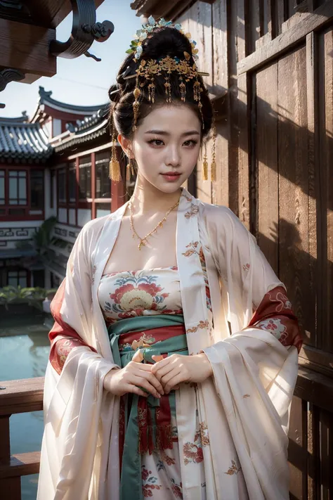 (realistic:1.3), finely detailed, quality, rembrandt lighting, (masterpiece:1.2), (photorealistic:1.2), (best quality), (detailed skin:1.3), (intricate details), dramatic, ray tracing, 1girl, chinese girl, 21 years old, detailed skin texture, (blush:0.5), (goosebumps:0.5), subsurface scattering, smiling, medium breasts, short hair curls, bangs, hair between eyes, zanhua, hair flower, hanfu, cowboy shot, (bright sunny day, outdoors, lake, classical chinese architecture), <lora:zanhua_20230628111923:0.9>