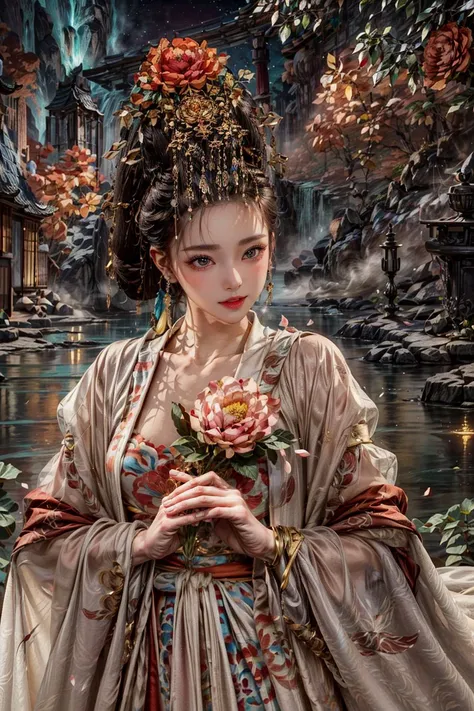 <(best quality, extremery best quality, masterpiece:1.4), (realistic, intricate details:1.4), (photorealistic:1.4), (extremely intricate:1.4), highres, ultra highres, ultra detailed, ultra-detailed, absurdres, incredibly absurdres, extremely detailed, high quality, high resolution, hyperrealistic, ultra-realistic, hyper-detailed, top quality, best, fine detail, massive detail, Highly detailed, extreme detailed, highest detailed, high-res, absolutely resolution, reflection, (refraction:1.4), (hyperrealism:1.4)>, BREAK, (1girl:1.3), solo, looking at viewer, (young cute beautiful 18-year-old girl:1.4), 3d face, (hand of Guido Daniele:1.4), beautiful girl, Beautiful face, pretty, girlface, kpop idol, supermodel, stunning innocent symmetry face, perfect body, medium breast, slim waist, slim legs, (high detailed skin:1.5), glowing eyes, goddess, natural skin texture, shiny skin, White skin, Beautiful detailed face, detailed face, real skin texture, cute delicate face, finely detailed face, golden ratio, golden ratio face, expressive eyes, perfect face, perfect skin, flawless face, clear face, shiny hair, pale skin, Proper body proportion, perfect anatomy, realistic skin texture, luscious lips, glossy lips, natural makeup, beautiful bright pupils, slender figure, intricate eyes, detailed pupils, detailed face and eyes, longeyelashes, blush, good hand, perfect hands, pretty face, beautiful female bodies, finely detailed skin, oily shiny skin, clean facial features, an extremely delicate and beautiful, cute & girly, beautiful detailed eyes, stars in the eyes, detailed simmetric eyes, perfect smooth skin texture, BREAK, (((((standing, (zanhua, holding flower, Pink flower on head:1.4), (smile, Pink hair, Pink eye, long hair, Pink eyelashes, Pink lips, Pink lip colour, Eyes glowing Pink, flat bangs, wearing hanfu, in Pink and white, happy expression, bird, lotus, hair ornament, water, dancing with butterfly, hanfu_tang, tang dynasty, chinese traditional architecture, in the garden, floral background, brilliant colors, wearing Tang-style clothing, flowing sleeves, floral pattern, golden bracelets, pearl earrings, long_hair, nail_polish, jewelry, ancient art, chinese style, golden embroidery, ornate hairpin, jade accessories, standing in imperial palace, red pillars, golden details, intricate carvings, decorative screens, sparkling jewels, ruqun, rich Chinese red, golden decorations, exquisite screens, golden dragon-patterned wallpaper, Pink silk curtains, delicate porcelain, Pink flower decorations, Pink carpets, mooth curved bridge, blue sky and green water:1.5), (night, Night time, moon light, sky, landscape, aurora borealis, stars, outdoors, Chinese, Pink fireworks, Sakura tree background:1.4), (lake background, mountains, full moon background, night lake shore, river, forest, chinese style countryard, lanterns, pond, cobblestone pathway, building pavilion, chinese buildings, moutains, misty lake, ancient chinese background, puddle, after the rain, petals falling, wet grass and trees, flower sea, in a meadow, waterfall, breeze, flying splashes, flying petals, leaves, bloom, bloom effect, surrounded by heavy floating petal flow, petal, Pink butterfly, flower, detailed beautiful grassland with petal, flowers, plants, Pink rose, many Pink roses, leaves falling from the tree, dust is drifting, ethereal, scenery, nature, mysterious background:1.4), (iridescent colors, Iridescence, blush, mysterious, fantasy background, fantasy, open mouth:1.2), (fog, wind:1.2), (Luminescent Particles:1.3), (fullbody:1.2), (eye focus, face focus, character focus, close-up face:1.2), (dutch angle, cowboy shot:1.3), colorful refraction)))), BREAK, <watercolor, available light, detailed light, volumetric fog, beautiful lighting, Rembrandt lighting, Cinematic, pixel art, game art, key visual, surreal, PBR Texturing, Anisotropic Filtering, Maximum Clarity And Sharpness, Albedo And Specular Maps, Multi-Layered Textures, Surface Shading, Sub-Pixel Convolution, Sub-Pixel Convolution, Accurate Simulation Of Light-Material Interaction, blurry foreground, broad light, volumetric light effect, matte painting, perfectly defined features, volumetric lighting, Tone Mapping, Lumen Reflections, Global illumination, Ray Tracing, Screen Space Global Illumination, Accent Lighting, 32k, Natural Lighting, volumetric, cinematic masterpiece, Rule of thirds, high dynamic range, Multi-exposure HDR capture, cinematic render, game cg cinematic, atmospheric perspective, movie scene, epic dynamic frame, motion blur, ((cinematic look, Film look)), rim light, 4k textures, adobe lightroom, photolab, insane details, hyperdetailed, exposure blend, professional color grading, professional color correction, aerial perspective, particles and dust in beams of light, cinematic scene, dynamic lighting, sharp details, lomography, soft focus, light leaks, bold hues, atmospheric depth, (explosive light and shadow:1.2), aesthetics, intricate designs, ultra realistic digital art, (zentangle, mandala, tangle, entangle), (fractal art), elegant, vivid colours, floating particles, particles, dramatic, epic, (ink drawing, oil painting detailed), (dramatic lighting:1.2), RAW, huge filesize, extremery detailed CG, Photo, 8k uhd, cinematic atmosphere, trending on artstation, award-winning glamour photograph, highly detailed photo, official art, beautiful and aesthetic, unity 8k wallpaper, beautiful, highly detailed CG illustration, best illustration, intricate, Amazing, emotional, analog, painting, digital painting, concept art, Oil Painting, illustration, Classical art, Renaissance, Romanticism, Neoclassicism, Color Palette, depth and contrast, Vibrant colors, saturated, rich saturation, color harmony, vivid palette, concept-art, design style, detail character, concept render, colorful, analog photography, dreamy atmosphere, specular highlights, atmospheric lighting, (dynamic angle, dynamic pose :1.3), (shiny, clothes reflecting light, lens flare, bloom effect, light particle, lens glare:1.3), realistic lighting, cinematic light, (cinematic lighting), light in the face, soft lighting, saturated colors, detailed background, sharp focus, 8k high definition, perspective, Master Composition, roughness, post-processing, soft shadows, realistic shadows, ambient occlusion, ray-tracing, subsurface scattering, photon mapping, physically-based rendering, octane rendering, unreal engine 5, ue5 rendering, Adobe After FX, dslr, RTX, Best character details, radiosity, sharp, antialiased, RAW photo, HDR, 8k, 4k, (((Photographed by Roger Deakins, using a RED Monstro 8K VV camera and a series of high-end lenses))), ((Hasselblad photography)), (film grain:1.4), Kodak portra 400, ((Fujifilm X-T5)), professional photograph, depth of field, caustics, Broad lighting, diffuse lighting, rim lighting, two tone lighting, textile details, visible pores, high resolution scan, professionally color graded, photographic reality, automatic white balance, best lighting, detailed shadow, high contrast, strong light and shadow>, (PureErosFace_V1:0.5), (ulzzang-6500:1), <lora:epiNoiseoffset_v3:2>, <lora:add_detail:2>, <lora:hipoly_3dcg_v7-epoch-000012:0.6>, <lora:zhongfenghuaxiyou-000018:0.1>, zhongfenghua, <lora:zanhua_v1:0.9>
