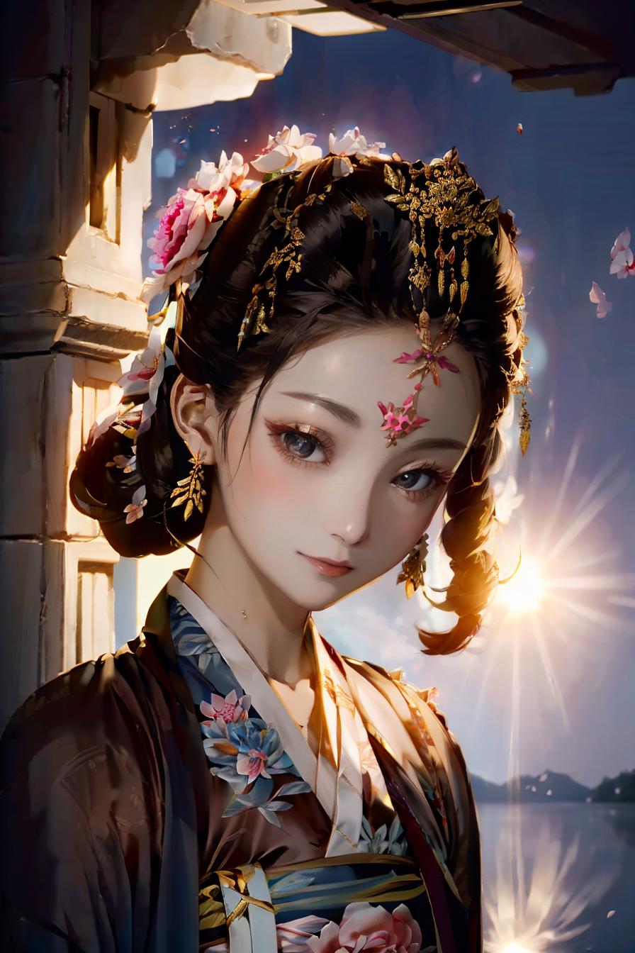 A close up of a woman in a kimono with flowers on her head - SeaArt AI