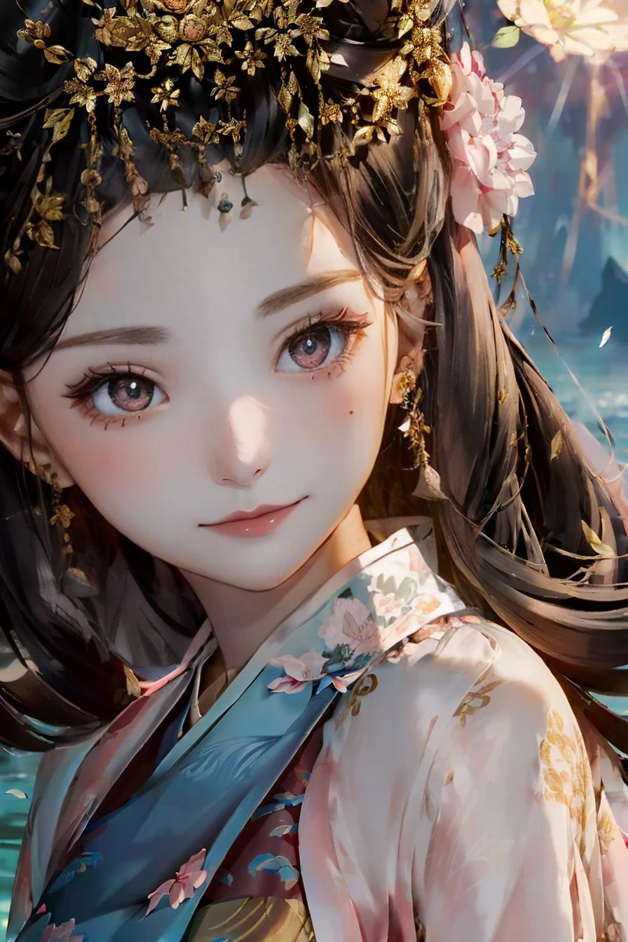 <(best quality, extremery best quality, masterpiece:1.4), (realistic, intricate details:1.4), (photorealistic:1.4), (extremely intricate:1.4), highres, ultra highres, ultra detailed, ultra-detailed, absurdres, incredibly absurdres, extremely detailed, high quality, high resolution, hyperrealistic, ultra-realistic, hyper-detailed, top quality, best, fine detail, massive detail, Highly detailed, extreme detailed, highest detailed, high-res, absolutely resolution, reflection, (refraction:1.4), (hyperrealism:1.4)>, BREAK, (1girl:1.3), solo, looking at viewer, (young cute beautiful 18-year-old girl:1.4), 3d face, (hand of Guido Daniele:1.4), beautiful girl, Beautiful face, pretty, girlface, kpop idol, supermodel, stunning innocent symmetry face, perfect body, medium breast, slim waist, slim legs, (high detailed skin:1.5), glowing eyes, goddess, natural skin texture, shiny skin, White skin, Beautiful detailed face, detailed face, real skin texture, cute delicate face, finely detailed face, golden ratio, golden ratio face, expressive eyes, perfect face, perfect skin, flawless face, clear face, shiny hair, pale skin, Proper body proportion, perfect anatomy, realistic skin texture, luscious lips, glossy lips, natural makeup, beautiful bright pupils, slender figure, intricate eyes, detailed pupils, detailed face and eyes, longeyelashes, blush, good hand, perfect hands, pretty face, beautiful female bodies, finely detailed skin, oily shiny skin, clean facial features, an extremely delicate and beautiful, cute & girly, beautiful detailed eyes, stars in the eyes, detailed simmetric eyes, perfect smooth skin texture, BREAK, (((((standing, (zanhua, holding flower, Pink flower on head:1.4), (smile, Pink hair, Pink eye, long hair, Pink eyelashes, Pink lips, Pink lip colour, Eyes glowing Pink, flat bangs, wearing hanfu, in Pink and white, happy expression, bird, lotus, hair ornament, water, dancing with butterfly, hanfu_tang, tang dynasty, chinese traditional architecture, in the garden, floral background, brilliant colors, wearing Tang-style clothing, flowing sleeves, floral pattern, golden bracelets, pearl earrings, long_hair, nail_polish, jewelry, ancient art, chinese style, golden embroidery, ornate hairpin, jade accessories, standing in imperial palace, red pillars, golden details, intricate carvings, decorative screens, sparkling jewels, ruqun, rich Chinese red, golden decorations, exquisite screens, golden dragon-patterned wallpaper, Pink silk curtains, delicate porcelain, Pink flower decorations, Pink carpets, mooth curved bridge, blue sky and green water:1.5), (night, Night time, moon light, sky, landscape, aurora borealis, stars, outdoors, Chinese, Pink fireworks, Sakura tree background:1.4), (lake background, mountains, full moon background, night lake shore, river, forest, chinese style countryard, lanterns, pond, cobblestone pathway, building pavilion, chinese buildings, moutains, misty lake, ancient chinese background, puddle, after the rain, petals falling, wet grass and trees, flower sea, in a meadow, waterfall, breeze, flying splashes, flying petals, leaves, bloom, bloom effect, surrounded by heavy floating petal flow, petal, Pink butterfly, flower, detailed beautiful grassland with petal, flowers, plants, Pink rose, many Pink roses, leaves falling from the tree, dust is drifting, ethereal, scenery, nature, mysterious background:1.4), (iridescent colors, Iridescence, blush, mysterious, fantasy background, fantasy, open mouth:1.2), (fog, wind:1.2), (Luminescent Particles:1.3), (fullbody:1.2), (eye focus, face focus, character focus, close-up face:1.2), (dutch angle, cowboy shot:1.3), colorful refraction)))), BREAK, <watercolor, available light, detailed light, volumetric fog, beautiful lighting, Rembrandt lighting, Cinematic, pixel art, game art, key visual, surreal, PBR Texturing, Anisotropic Filtering, Maximum Clarity And Sharpness, Albedo And Specular Maps, Multi-Layered Textures, Surface Shading, Sub-Pixel Convolution, Sub-Pixel Convolution, Accurate Simulation Of Light-Material Interaction, blurry foreground, broad light, volumetric light effect, matte painting, perfectly defined features, volumetric lighting, Tone Mapping, Lumen Reflections, Global illumination, Ray Tracing, Screen Space Global Illumination, Accent Lighting, 32k, Natural Lighting, volumetric, cinematic masterpiece, Rule of thirds, high dynamic range, Multi-exposure HDR capture, cinematic render, game cg cinematic, atmospheric perspective, movie scene, epic dynamic frame, motion blur, ((cinematic look, Film look)), rim light, 4k textures, adobe lightroom, photolab, insane details, hyperdetailed, exposure blend, professional color grading, professional color correction, aerial perspective, particles and dust in beams of light, cinematic scene, dynamic lighting, sharp details, lomography, soft focus, light leaks, bold hues, atmospheric depth, (explosive light and shadow:1.2), aesthetics, intricate designs, ultra realistic digital art, (zentangle, mandala, tangle, entangle), (fractal art), elegant, vivid colours, floating particles, particles, dramatic, epic, (ink drawing, oil painting detailed), (dramatic lighting:1.2), RAW, huge filesize, extremery detailed CG, Photo, 8k uhd, cinematic atmosphere, trending on artstation, award-winning glamour photograph, highly detailed photo, official art, beautiful and aesthetic, unity 8k wallpaper, beautiful, highly detailed CG illustration, best illustration, intricate, Amazing, emotional, analog, painting, digital painting, concept art, Oil Painting, illustration, Classical art, Renaissance, Romanticism, Neoclassicism, Color Palette, depth and contrast, Vibrant colors, saturated, rich saturation, color harmony, vivid palette, concept-art, design style, detail character, concept render, colorful, analog photography, dreamy atmosphere, specular highlights, atmospheric lighting, (dynamic angle, dynamic pose :1.3), (shiny, clothes reflecting light, lens flare, bloom effect, light particle, lens glare:1.3), realistic lighting, cinematic light, (cinematic lighting), light in the face, soft lighting, saturated colors, detailed background, sharp focus, 8k high definition, perspective, Master Composition, roughness, post-processing, soft shadows, realistic shadows, ambient occlusion, ray-tracing, subsurface scattering, photon mapping, physically-based rendering, octane rendering, unreal engine 5, ue5 rendering, Adobe After FX, dslr, RTX, Best character details, radiosity, sharp, antialiased, RAW photo, HDR, 8k, 4k, (((Photographed by Roger Deakins, using a RED Monstro 8K VV camera and a series of high-end lenses))), ((Hasselblad photography)), (film grain:1.4), Kodak portra 400, ((Fujifilm X-T5)), professional photograph, depth of field, caustics, Broad lighting, diffuse lighting, rim lighting, two tone lighting, textile details, visible pores, high resolution scan, professionally color graded, photographic reality, automatic white balance, best lighting, detailed shadow, high contrast, strong light and shadow>, (PureErosFace_V1:0.5), (ulzzang-6500:1), <lora:epiNoiseoffset_v3:0.05>, <lora:add_detail:0.1>, <lora:zhongfenghuaxiyou-000018:0.05>, zhongfenghua, <lora:zanhua_v1:0.8>