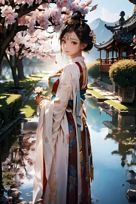 <(best quality, extremery best quality, masterpiece:1.4), (realistic, intricate details:1.4), (photorealistic:1.4), (extremely intricate:1.4), highres, ultra highres, ultra-detailed, absurdres, incredibly absurdres, extremely detailed, high quality, high resolution, hyperrealistic, ultra-realistic, hyper-detailed, top quality, best, fine detail, massive detail, Highly detailed, extreme detailed, highest detailed, high-res, absolutely resolution, reflection, (refraction:1.4), (hyperrealism:1.4)>, BREAK, 1girl, solo, looking at viewer, (young cute beautiful 18-year-old girl:1.4), 3d face, (hand of Guido Daniele:1.4), beautiful girl, Beautiful face, pretty, girlface, kpop idol, supermodel, stunning innocent symmetry face, perfect body, medium breast, slim waist, slim legs, (high detailed skin:1.5), glowing eyes, goddess, natural skin texture, shiny skin, White skin, Beautiful detailed face, detailed face, real skin texture, cute delicate face, finely detailed face, golden ratio, golden ratio face, expressive eyes, perfect face, perfect skin, flawless face, clear face, shiny hair, pale skin, Proper body proportion, perfect anatomy, realistic skin texture, luscious lips, glossy lips, natural makeup, beautiful bright pupils, slender figure, intricate eyes, detailed pupils, detailed face and eyes, longeyelashes, blush, good hand, perfect hands, pretty face, beautiful female bodies, finely detailed skin, oily shiny skin, clean facial features, an extremely delicate and beautiful, cute & girly, beautiful detailed eyes, stars in the eyes, detailed simmetric eyes, perfect smooth skin texture, BREAK, (((((standing, (zanhua, holding flower, Pink flower on head:1.4), (smile, Pink hair, Pink eye, long hair, Pink eyelashes, Pink lips, Pink lip colour, Eyes glowing Pink, flat bangs, wearing hanfu, in Pink and white, happy expression, bird, lotus, hair ornament, water, dancing with butterfly, hanfu_tang, tang dynasty, chinese traditional architecture, in the garden, floral background, brilliant colors, wearing Tang-style clothing, flowing sleeves, floral pattern, golden bracelets, pearl earrings, long_hair, nail_polish, jewelry, ancient art, chinese style, golden embroidery, ornate hairpin, jade accessories, standing in imperial palace, red pillars, golden details, intricate carvings, decorative screens, sparkling jewels, ruqun, rich Chinese red, golden decorations, exquisite screens, golden dragon-patterned wallpaper, Pink silk curtains, delicate porcelain, Pink flower decorations, Pink carpets, mooth curved bridge, blue sky and green water:1.5), (night, Night time, moon light, sky, landscape, aurora borealis, stars, outdoors, Chinese, Pink fireworks, Sakura tree background:1.4), (lake background, mountains, full moon background, night lake shore, river, forest, chinese style countryard, lanterns, pond, cobblestone pathway, building pavilion, chinese buildings, moutains, misty lake, ancient chinese background, puddle, after the rain, petals falling, wet grass and trees, flower sea, in a meadow, waterfall, breeze, flying splashes, flying petals, leaves, bloom, bloom effect, surrounded by heavy floating petal flow, petal, Pink butterfly, flower, detailed beautiful grassland with petal, flowers, plants, Pink rose, many Pink roses, leaves falling from the tree, dust is drifting, ethereal, scenery, nature, mysterious background:1.4), (iridescent colors, Iridescence, blush, mysterious, fantasy background, fantasy, open mouth:1.2), (fog, wind:1.2), (Luminescent Particles:1.3), (fullbody:1.2), (eye focus, face focus, character focus, close-up face:1.2), (dutch angle, cowboy shot:1.3), colorful refraction)))), BREAK, <watercolor, available light, detailed light, volumetric fog, beautiful lighting, Rembrandt lighting, Cinematic, pixel art, game art, key visual, surreal, PBR Texturing, Anisotropic Filtering, Maximum Clarity And Sharpness, Albedo And Specular Maps, Multi-Layered Textures, Surface Shading, Sub-Pixel Convolution, Sub-Pixel Convolution, Accurate Simulation Of Light-Material Interaction, blurry foreground, broad light, volumetric light effect, matte painting, perfectly defined features, volumetric lighting, Tone Mapping, Lumen Reflections, Global illumination, Ray Tracing, Screen Space Global Illumination, Accent Lighting, 32k, Natural Lighting, volumetric, cinematic masterpiece, Rule of thirds, high dynamic range, Multi-exposure HDR capture, cinematic render, game cg cinematic, atmospheric perspective, movie scene, epic dynamic frame, motion blur, ((cinematic look, Film look)), rim light, 4k textures, adobe lightroom, photolab, insane details, hyperdetailed, exposure blend, professional color grading, professional color correction, aerial perspective, particles and dust in beams of light, cinematic scene, dynamic lighting, sharp details, lomography, soft focus, light leaks, bold hues, atmospheric depth, (explosive light and shadow:1.2), aesthetics, intricate designs, ultra realistic digital art, (zentangle, mandala, tangle, entangle), (fractal art), elegant, vivid colours, floating particles, particles, dramatic, epic, (ink drawing, oil painting detailed), (dramatic lighting:1.2), RAW, huge filesize, extremery detailed CG, Photo, 8k uhd, cinematic atmosphere, trending on artstation, award-winning glamour photograph, highly detailed photo, official art, beautiful and aesthetic, unity 8k wallpaper, beautiful, highly detailed CG illustration, best illustration, intricate, Amazing, emotional, analog, painting, digital painting, concept art, Oil Painting, illustration, Classical art, Renaissance, Romanticism, Neoclassicism, Color Palette, depth and contrast, Vibrant colors, saturated, rich saturation, color harmony, vivid palette, concept-art, design style, detail character, concept render, colorful, analog photography, dreamy atmosphere, specular highlights, atmospheric lighting, (dynamic angle, dynamic pose :1.3), (shiny, clothes reflecting light, lens flare, bloom effect, light particle, lens glare:1.3), realistic lighting, cinematic light, (cinematic lighting), light in the face, soft lighting, saturated colors, detailed background, sharp focus, 8k high definition, perspective, Master Composition, roughness, post-processing, soft shadows, realistic shadows, ambient occlusion, ray-tracing, subsurface scattering, photon mapping, physically-based rendering, octane rendering, unreal engine 5, ue5 rendering, Adobe After FX, dslr, RTX, Best character details, radiosity, sharp, antialiased, RAW photo, HDR, 8k, 4k, (((Photographed by Roger Deakins, using a RED Monstro 8K VV camera and a series of high-end lenses))), ((Hasselblad photography)), (film grain:1.4), Kodak portra 400, ((Fujifilm X-T5)), professional photograph, depth of field, caustics, Broad lighting, diffuse lighting, rim lighting, two tone lighting, textile details, visible pores, high resolution scan, professionally color graded, photographic reality, automatic white balance, best lighting, detailed shadow, high contrast, strong light and shadow>, (PureErosFace_V1:0.5), (ulzzang-6500:1), <lora:epiNoiseoffset_v3:0.05>, <lora:add_detail:0.1>, <lora:zhongfenghuaxiyou-000018:0.05>, zhongfenghua, <lora:zanhua_v1:0.8>