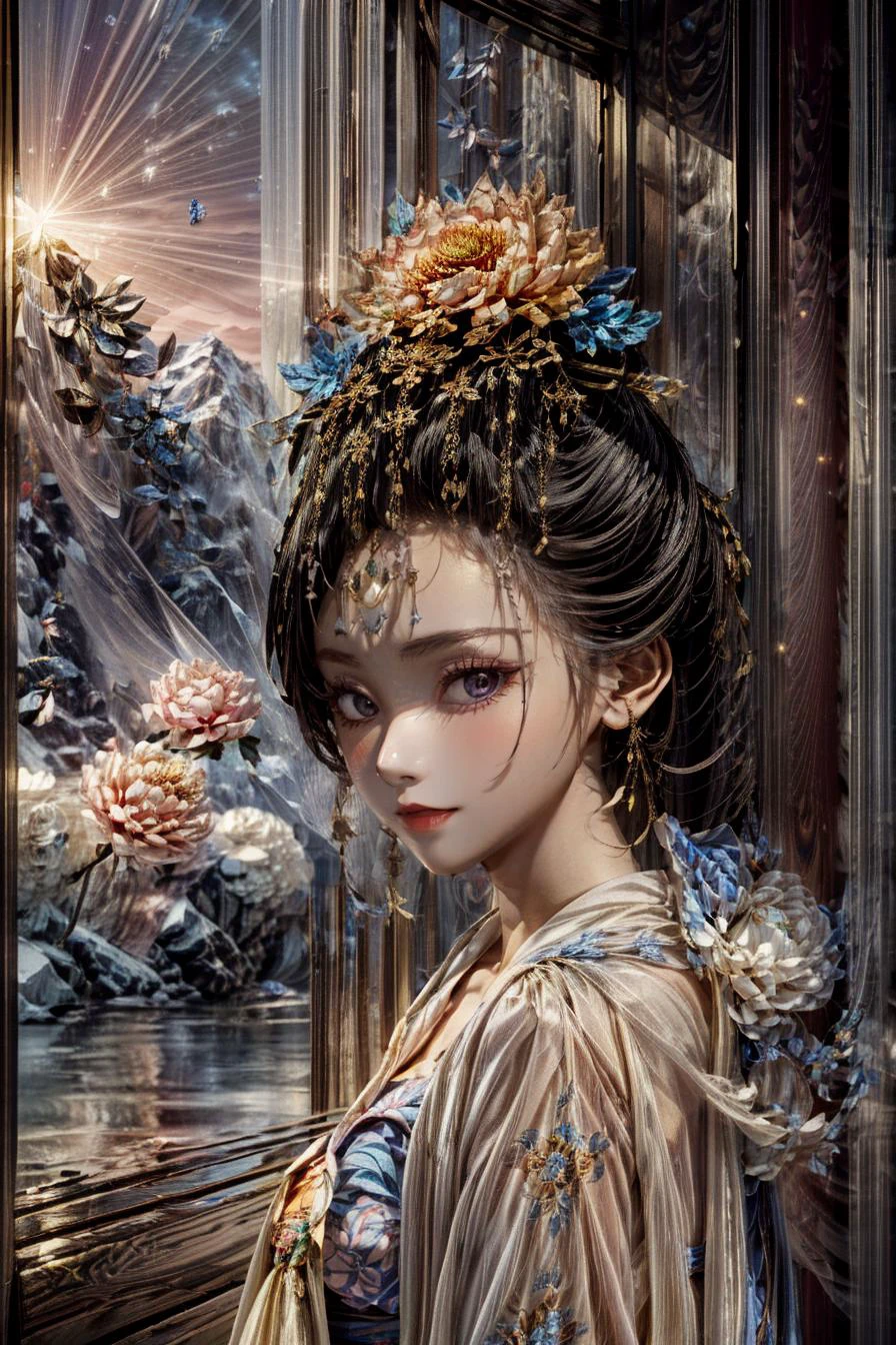 <(best quality, extremery best quality, masterpiece:1.4), (realistic, intricate details:1.4), (photorealistic:1.4), (extremely intricate:1.4), highres, ultra highres, ultra detailed, ultra-detailed, absurdres, incredibly absurdres, extremely detailed, high quality, high resolution, hyperrealistic, ultra-realistic, hyper-detailed, top quality, best, fine detail, massive detail, Highly detailed, extreme detailed, highest detailed, high-res, absolutely resolution, reflection, (refraction:1.4), (hyperrealism:1.4)>, BREAK, (1girl:1.3), solo, looking at viewer, (young cute beautiful 18-year-old girl:1.4), 3d face, (hand of Guido Daniele:1.4), beautiful girl, Beautiful face, pretty, girlface, kpop idol, supermodel, stunning innocent symmetry face, perfect body, medium breast, slim waist, slim legs, (high detailed skin:1.5), glowing eyes, goddess, natural skin texture, shiny skin, White skin, Beautiful detailed face, detailed face, real skin texture, cute delicate face, finely detailed face, golden ratio, golden ratio face, expressive eyes, perfect face, perfect skin, flawless face, clear face, shiny hair, pale skin, Proper body proportion, perfect anatomy, realistic skin texture, luscious lips, glossy lips, natural makeup, beautiful bright pupils, slender figure, intricate eyes, detailed pupils, detailed face and eyes, longeyelashes, blush, good hand, perfect hands, pretty face, beautiful female bodies, finely detailed skin, oily shiny skin, clean facial features, an extremely delicate and beautiful, cute & girly, beautiful detailed eyes, stars in the eyes, detailed simmetric eyes, perfect smooth skin texture, BREAK, (((((standing, (zanhua, holding flower, Pink flower on head:1.4), (smile, Pink hair, Pink eye, long hair, Pink eyelashes, Pink lips, Pink lip colour, Eyes glowing Pink, flat bangs, wearing hanfu, in Pink and white, happy expression, bird, lotus, hair ornament, water, dancing with butterfly, hanfu_tang, tang dynasty, chinese traditional architecture, in the garden, floral background, brilliant colors, wearing Tang-style clothing, flowing sleeves, floral pattern, golden bracelets, pearl earrings, long_hair, nail_polish, jewelry, ancient art, chinese style, golden embroidery, ornate hairpin, jade accessories, standing in imperial palace, red pillars, golden details, intricate carvings, decorative screens, sparkling jewels, ruqun, rich Chinese red, golden decorations, exquisite screens, golden dragon-patterned wallpaper, Pink silk curtains, delicate porcelain, Pink flower decorations, Pink carpets, mooth curved bridge, blue sky and green water:1.5), (night, Night time, moon light, sky, landscape, aurora borealis, stars, outdoors, Chinese, Pink fireworks, Sakura tree background:1.4), (lake background, mountains, full moon background, night lake shore, river, forest, chinese style countryard, lanterns, pond, cobblestone pathway, building pavilion, chinese buildings, moutains, misty lake, ancient chinese background, puddle, after the rain, petals falling, wet grass and trees, flower sea, in a meadow, waterfall, breeze, flying splashes, flying petals, leaves, bloom, bloom effect, surrounded by heavy floating petal flow, petal, Pink butterfly, flower, detailed beautiful grassland with petal, flowers, plants, Pink rose, many Pink roses, leaves falling from the tree, dust is drifting, ethereal, scenery, nature, mysterious background:1.4), (iridescent colors, Iridescence, blush, mysterious, fantasy background, fantasy, open mouth:1.2), (fog, wind:1.2), (Luminescent Particles:1.3), (fullbody:1.2), (eye focus, face focus, character focus, close-up face:1.2), (dutch angle, cowboy shot:1.3), colorful refraction)))), BREAK, <watercolor, available light, detailed light, volumetric fog, beautiful lighting, Rembrandt lighting, Cinematic, pixel art, game art, key visual, surreal, PBR Texturing, Anisotropic Filtering, Maximum Clarity And Sharpness, Albedo And Specular Maps, Multi-Layered Textures, Surface Shading, Sub-Pixel Convolution, Sub-Pixel Convolution, Accurate Simulation Of Light-Material Interaction, blurry foreground, broad light, volumetric light effect, matte painting, perfectly defined features, volumetric lighting, Tone Mapping, Lumen Reflections, Global illumination, Ray Tracing, Screen Space Global Illumination, Accent Lighting, 32k, Natural Lighting, volumetric, cinematic masterpiece, Rule of thirds, high dynamic range, Multi-exposure HDR capture, cinematic render, game cg cinematic, atmospheric perspective, movie scene, epic dynamic frame, motion blur, ((cinematic look, Film look)), rim light, 4k textures, adobe lightroom, photolab, insane details, hyperdetailed, exposure blend, professional color grading, professional color correction, aerial perspective, particles and dust in beams of light, cinematic scene, dynamic lighting, sharp details, lomography, soft focus, light leaks, bold hues, atmospheric depth, (explosive light and shadow:1.2), aesthetics, intricate designs, ultra realistic digital art, (zentangle, mandala, tangle, entangle), (fractal art), elegant, vivid colours, floating particles, particles, dramatic, epic, (ink drawing, oil painting detailed), (dramatic lighting:1.2), RAW, huge filesize, extremery detailed CG, Photo, 8k uhd, cinematic atmosphere, trending on artstation, award-winning glamour photograph, highly detailed photo, official art, beautiful and aesthetic, unity 8k wallpaper, beautiful, highly detailed CG illustration, best illustration, intricate, Amazing, emotional, analog, painting, digital painting, concept art, Oil Painting, illustration, Classical art, Renaissance, Romanticism, Neoclassicism, Color Palette, depth and contrast, Vibrant colors, saturated, rich saturation, color harmony, vivid palette, concept-art, design style, detail character, concept render, colorful, analog photography, dreamy atmosphere, specular highlights, atmospheric lighting, (dynamic angle, dynamic pose :1.3), (shiny, clothes reflecting light, lens flare, bloom effect, light particle, lens glare:1.3), realistic lighting, cinematic light, (cinematic lighting), light in the face, soft lighting, saturated colors, detailed background, sharp focus, 8k high definition, perspective, Master Composition, roughness, post-processing, soft shadows, realistic shadows, ambient occlusion, ray-tracing, subsurface scattering, photon mapping, physically-based rendering, octane rendering, unreal engine 5, ue5 rendering, Adobe After FX, dslr, RTX, Best character details, radiosity, sharp, antialiased, RAW photo, HDR, 8k, 4k, (((Photographed by Roger Deakins, using a RED Monstro 8K VV camera and a series of high-end lenses))), ((Hasselblad photography)), (film grain:1.4), Kodak portra 400, ((Fujifilm X-T5)), professional photograph, depth of field, caustics, Broad lighting, diffuse lighting, rim lighting, two tone lighting, textile details, visible pores, high resolution scan, professionally color graded, photographic reality, automatic white balance, best lighting, detailed shadow, high contrast, strong light and shadow>, (PureErosFace_V1:0.5), (ulzzang-6500:1), <lora:epiNoiseoffset_v3:2>, <lora:add_detail:2>, <lora:hipoly_3dcg_v7-epoch-000012:0.7>, <lora:zhongfenghuaxiyou-000018:0.1>, zhongfenghua, <lora:zanhua_v1:0.9>