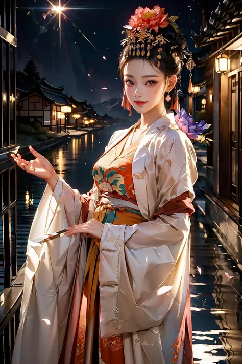 <(best quality, extremery best quality, masterpiece:1.4), (realistic, intricate details:1.4), (photorealistic:1.4), (extremely intricate:1.4), highres, ultra highres, ultra-detailed, absurdres, incredibly absurdres, extremely detailed, high quality, high resolution, hyperrealistic, ultra-realistic, hyper-detailed, top quality, best, fine detail, massive detail, Highly detailed, extreme detailed, highest detailed, high-res, absolutely resolution, reflection, (refraction:1.4), (hyperrealism:1.4)>, BREAK, 1girl, solo, looking at viewer, (young cute beautiful 18-year-old girl:1.4), 3d face, (hand of Guido Daniele:1.4), beautiful girl, Beautiful face, pretty, girlface, kpop idol, supermodel, stunning innocent symmetry face, perfect body, medium breast, slim waist, slim legs, (high detailed skin:1.5), glowing eyes, goddess, natural skin texture, shiny skin, White skin, Beautiful detailed face, detailed face, real skin texture, cute delicate face, finely detailed face, golden ratio, golden ratio face, expressive eyes, perfect face, perfect skin, flawless face, clear face, shiny hair, pale skin, Proper body proportion, perfect anatomy, realistic skin texture, luscious lips, glossy lips, natural makeup, beautiful bright pupils, slender figure, intricate eyes, detailed pupils, detailed face and eyes, longeyelashes, blush, good hand, perfect hands, pretty face, beautiful female bodies, finely detailed skin, oily shiny skin, clean facial features, an extremely delicate and beautiful, cute & girly, beautiful detailed eyes, stars in the eyes, detailed simmetric eyes, perfect smooth skin texture, BREAK, (((((standing, (zanhua, holding flower, Pink flower on head:1.4), (smile, Pink hair, Pink eye, long hair, Pink eyelashes, Pink lips, Pink lip colour, Eyes glowing Pink, flat bangs, wearing hanfu, in Pink and white, happy expression, bird, lotus, hair ornament, water, dancing with butterfly, hanfu_tang, tang dynasty, chinese traditional architecture, in the garden, floral background, brilliant colors, wearing Tang-style clothing, flowing sleeves, floral pattern, golden bracelets, pearl earrings, long_hair, nail_polish, jewelry, ancient art, chinese style, golden embroidery, ornate hairpin, jade accessories, standing in imperial palace, red pillars, golden details, intricate carvings, decorative screens, sparkling jewels, ruqun, rich Chinese red, golden decorations, exquisite screens, golden dragon-patterned wallpaper, Pink silk curtains, delicate porcelain, Pink flower decorations, Pink carpets, mooth curved bridge, blue sky and green water:1.5), (night, Night time, moon light, sky, landscape, aurora borealis, stars, outdoors, Chinese, Pink fireworks, Sakura tree background:1.4), (lake background, mountains, full moon background, night lake shore, river, forest, chinese style countryard, lanterns, pond, cobblestone pathway, building pavilion, chinese buildings, moutains, misty lake, ancient chinese background, puddle, after the rain, petals falling, wet grass and trees, flower sea, in a meadow, waterfall, breeze, flying splashes, flying petals, leaves, bloom, bloom effect, surrounded by heavy floating petal flow, petal, Pink butterfly, flower, detailed beautiful grassland with petal, flowers, plants, Pink rose, many Pink roses, leaves falling from the tree, dust is drifting, ethereal, scenery, nature, mysterious background:1.4), (iridescent colors, Iridescence, blush, mysterious, fantasy background, fantasy, open mouth:1.2), (fog, wind:1.2), (Luminescent Particles:1.3), (fullbody:1.2), (eye focus, face focus, character focus, close-up face:1.2), (dutch angle, cowboy shot:1.3), colorful refraction)))), BREAK, <watercolor, available light, detailed light, volumetric fog, beautiful lighting, Rembrandt lighting, Cinematic, pixel art, game art, key visual, surreal, PBR Texturing, Anisotropic Filtering, Maximum Clarity And Sharpness, Albedo And Specular Maps, Multi-Layered Textures, Surface Shading, Sub-Pixel Convolution, Sub-Pixel Convolution, Accurate Simulation Of Light-Material Interaction, blurry foreground, broad light, volumetric light effect, matte painting, perfectly defined features, volumetric lighting, Tone Mapping, Lumen Reflections, Global illumination, Ray Tracing, Screen Space Global Illumination, Accent Lighting, 32k, Natural Lighting, volumetric, cinematic masterpiece, Rule of thirds, high dynamic range, Multi-exposure HDR capture, cinematic render, game cg cinematic, atmospheric perspective, movie scene, epic dynamic frame, motion blur, ((cinematic look, Film look)), rim light, 4k textures, adobe lightroom, photolab, insane details, hyperdetailed, exposure blend, professional color grading, professional color correction, aerial perspective, particles and dust in beams of light, cinematic scene, dynamic lighting, sharp details, lomography, soft focus, light leaks, bold hues, atmospheric depth, (explosive light and shadow:1.2), aesthetics, intricate designs, ultra realistic digital art, (zentangle, mandala, tangle, entangle), (fractal art), elegant, vivid colours, floating particles, particles, dramatic, epic, (ink drawing, oil painting detailed), (dramatic lighting:1.2), RAW, huge filesize, extremery detailed CG, Photo, 8k uhd, cinematic atmosphere, trending on artstation, award-winning glamour photograph, highly detailed photo, official art, beautiful and aesthetic, unity 8k wallpaper, beautiful, highly detailed CG illustration, best illustration, intricate, Amazing, emotional, analog, painting, digital painting, concept art, Oil Painting, illustration, Classical art, Renaissance, Romanticism, Neoclassicism, Color Palette, depth and contrast, Vibrant colors, saturated, rich saturation, color harmony, vivid palette, concept-art, design style, detail character, concept render, colorful, analog photography, dreamy atmosphere, specular highlights, atmospheric lighting, (dynamic angle, dynamic pose :1.3), (shiny, clothes reflecting light, lens flare, bloom effect, light particle, lens glare:1.3), realistic lighting, cinematic light, (cinematic lighting), light in the face, soft lighting, saturated colors, detailed background, sharp focus, 8k high definition, perspective, Master Composition, roughness, post-processing, soft shadows, realistic shadows, ambient occlusion, ray-tracing, subsurface scattering, photon mapping, physically-based rendering, octane rendering, unreal engine 5, ue5 rendering, Adobe After FX, dslr, RTX, Best character details, radiosity, sharp, antialiased, RAW photo, HDR, 8k, 4k, (((Photographed by Roger Deakins, using a RED Monstro 8K VV camera and a series of high-end lenses))), ((Hasselblad photography)), (film grain:1.4), Kodak portra 400, ((Fujifilm X-T5)), professional photograph, depth of field, caustics, Broad lighting, diffuse lighting, rim lighting, two tone lighting, textile details, visible pores, high resolution scan, professionally color graded, photographic reality, automatic white balance, best lighting, detailed shadow, high contrast, strong light and shadow>, (PureErosFace_V1:0.5), (ulzzang-6500:1), <lora:epiNoiseoffset_v3:0.05>, <lora:add_detail:0.1>, <lora:zhongfenghuaxiyou-000018:0.05>, zhongfenghua, <lora:zanhua_v1:0.8>