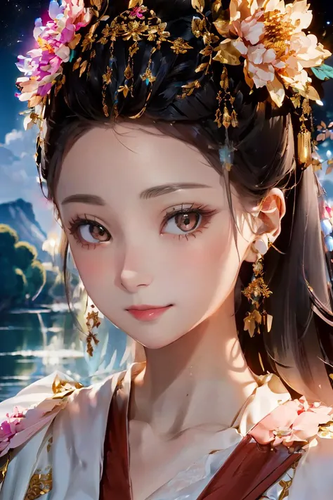 <(best quality, extremery best quality, masterpiece:1.4), (realistic, intricate details:1.4), (photorealistic:1.4), (extremely intricate:1.4), highres, ultra highres, ultra-detailed, absurdres, incredibly absurdres, extremely detailed, high quality, high resolution, hyperrealistic, ultra-realistic, hyper-detailed, top quality, best, fine detail, massive detail, Highly detailed, extreme detailed, highest detailed, high-res, absolutely resolution, reflection, (refraction:1.4), (hyperrealism:1.4)>, BREAK, 1girl, solo, looking at viewer, (young cute beautiful 18-year-old girl:1.4), 3d face, (hand of Guido Daniele:1.4), beautiful girl, Beautiful face, pretty, girlface, kpop idol, supermodel, stunning innocent symmetry face, perfect body, medium breast, slim waist, slim legs, (high detailed skin:1.5), glowing eyes, goddess, natural skin texture, shiny skin, White skin, Beautiful detailed face, detailed face, real skin texture, cute delicate face, finely detailed face, golden ratio, golden ratio face, expressive eyes, perfect face, perfect skin, flawless face, clear face, shiny hair, pale skin, Proper body proportion, perfect anatomy, realistic skin texture, luscious lips, glossy lips, natural makeup, beautiful bright pupils, slender figure, intricate eyes, detailed pupils, detailed face and eyes, longeyelashes, blush, good hand, perfect hands, pretty face, beautiful female bodies, finely detailed skin, oily shiny skin, clean facial features, an extremely delicate and beautiful, cute & girly, beautiful detailed eyes, stars in the eyes, detailed simmetric eyes, perfect smooth skin texture, BREAK, (((((standing, (zanhua, holding flower, Pink flower on head:1.4), (smile, Pink hair, Pink eye, long hair, Pink eyelashes, Pink lips, Pink lip colour, Eyes glowing Pink, flat bangs, wearing hanfu, in Pink and white, happy expression, bird, lotus, hair ornament, water, dancing with butterfly, hanfu_tang, tang dynasty, chinese traditional architecture, in the garden, floral background, brilliant colors, wearing Tang-style clothing, flowing sleeves, floral pattern, golden bracelets, pearl earrings, long_hair, nail_polish, jewelry, ancient art, chinese style, golden embroidery, ornate hairpin, jade accessories, standing in imperial palace, red pillars, golden details, intricate carvings, decorative screens, sparkling jewels, ruqun, rich Chinese red, golden decorations, exquisite screens, golden dragon-patterned wallpaper, Pink silk curtains, delicate porcelain, Pink flower decorations, Pink carpets, mooth curved bridge, blue sky and green water:1.5), (night, Night time, moon light, sky, landscape, aurora borealis, stars, outdoors, Chinese, Pink fireworks, Sakura tree background:1.4), (lake background, mountains, full moon background, night lake shore, river, forest, chinese style countryard, lanterns, pond, cobblestone pathway, building pavilion, chinese buildings, moutains, misty lake, ancient chinese background, puddle, after the rain, petals falling, wet grass and trees, flower sea, in a meadow, waterfall, breeze, flying splashes, flying petals, leaves, bloom, bloom effect, surrounded by heavy floating petal flow, petal, Pink butterfly, flower, detailed beautiful grassland with petal, flowers, plants, Pink rose, many Pink roses, leaves falling from the tree, dust is drifting, ethereal, scenery, nature, mysterious background:1.4), (iridescent colors, Iridescence, blush, mysterious, fantasy background, fantasy, open mouth:1.2), (fog, wind:1.2), (Luminescent Particles:1.3), (fullbody:1.2), (eye focus, face focus, character focus, close-up face:1.2), (dutch angle, cowboy shot:1.3), colorful refraction)))), BREAK, <watercolor, available light, detailed light, volumetric fog, beautiful lighting, Rembrandt lighting, Cinematic, pixel art, game art, key visual, surreal, PBR Texturing, Anisotropic Filtering, Maximum Clarity And Sharpness, Albedo And Specular Maps, Multi-Layered Textures, Surface Shading, Sub-Pixel Convolution, Sub-Pixel Convolution, Accurate Simulation Of Light-Material Interaction, blurry foreground, broad light, volumetric light effect, matte painting, perfectly defined features, volumetric lighting, Tone Mapping, Lumen Reflections, Global illumination, Ray Tracing, Screen Space Global Illumination, Accent Lighting, 32k, Natural Lighting, volumetric, cinematic masterpiece, Rule of thirds, high dynamic range, Multi-exposure HDR capture, cinematic render, game cg cinematic, atmospheric perspective, movie scene, epic dynamic frame, motion blur, ((cinematic look, Film look)), rim light, 4k textures, adobe lightroom, photolab, insane details, hyperdetailed, exposure blend, professional color grading, professional color correction, aerial perspective, particles and dust in beams of light, cinematic scene, dynamic lighting, sharp details, lomography, soft focus, light leaks, bold hues, atmospheric depth, (explosive light and shadow:1.2), aesthetics, intricate designs, ultra realistic digital art, (zentangle, mandala, tangle, entangle), (fractal art), elegant, vivid colours, floating particles, particles, dramatic, epic, (ink drawing, oil painting detailed), (dramatic lighting:1.2), RAW, huge filesize, extremery detailed CG, Photo, 8k uhd, cinematic atmosphere, trending on artstation, award-winning glamour photograph, highly detailed photo, official art, beautiful and aesthetic, unity 8k wallpaper, beautiful, highly detailed CG illustration, best illustration, intricate, Amazing, emotional, analog, painting, digital painting, concept art, Oil Painting, illustration, Classical art, Renaissance, Romanticism, Neoclassicism, Color Palette, depth and contrast, Vibrant colors, saturated, rich saturation, color harmony, vivid palette, concept-art, design style, detail character, concept render, colorful, analog photography, dreamy atmosphere, specular highlights, atmospheric lighting, (dynamic angle, dynamic pose :1.3), (shiny, clothes reflecting light, lens flare, bloom effect, light particle, lens glare:1.3), realistic lighting, cinematic light, (cinematic lighting), light in the face, soft lighting, saturated colors, detailed background, sharp focus, 8k high definition, perspective, Master Composition, roughness, post-processing, soft shadows, realistic shadows, ambient occlusion, ray-tracing, subsurface scattering, photon mapping, physically-based rendering, octane rendering, unreal engine 5, ue5 rendering, Adobe After FX, dslr, RTX, Best character details, radiosity, sharp, antialiased, RAW photo, HDR, 8k, 4k, (((Photographed by Roger Deakins, using a RED Monstro 8K VV camera and a series of high-end lenses))), ((Hasselblad photography)), (film grain:1.4), Kodak portra 400, ((Fujifilm X-T5)), professional photograph, depth of field, caustics, Broad lighting, diffuse lighting, rim lighting, two tone lighting, textile details, visible pores, high resolution scan, professionally color graded, photographic reality, automatic white balance, best lighting, detailed shadow, high contrast, strong light and shadow>, (PureErosFace_V1:0.5), (ulzzang-6500:1), <lora:epiNoiseoffset_v3:0.05>, <lora:add_detail:0.1>, <lora:zhongfenghuaxiyou-000018:0.05>, zhongfenghua, <lora:zanhua_v1:0.8>