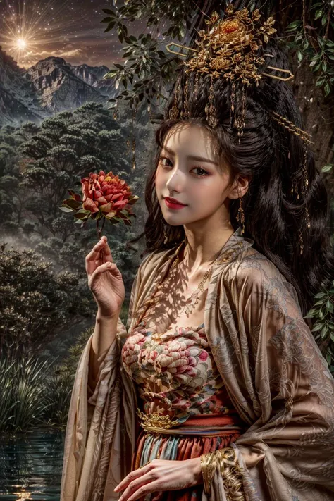 <(best quality, extremery best quality, masterpiece:1.4), (realistic, intricate details:1.4), (photorealistic:1.4), (extremely intricate:1.4), highres, ultra highres, ultra detailed, ultra-detailed, absurdres, incredibly absurdres, extremely detailed, high quality, high resolution, hyperrealistic, ultra-realistic, hyper-detailed, top quality, best, fine detail, massive detail, Highly detailed, extreme detailed, highest detailed, high-res, absolutely resolution, reflection, (refraction:1.4), (hyperrealism:1.4)>, BREAK, (1girl:1.3), solo, looking at viewer, (young cute beautiful 18-year-old girl:1.4), 3d face, (hand of Guido Daniele:1.4), beautiful girl, Beautiful face, pretty, girlface, kpop idol, supermodel, stunning innocent symmetry face, perfect body, medium breast, slim waist, slim legs, (high detailed skin:1.5), glowing eyes, goddess, natural skin texture, shiny skin, White skin, Beautiful detailed face, detailed face, real skin texture, cute delicate face, finely detailed face, golden ratio, golden ratio face, expressive eyes, perfect face, perfect skin, flawless face, clear face, shiny hair, pale skin, Proper body proportion, perfect anatomy, realistic skin texture, luscious lips, glossy lips, natural makeup, beautiful bright pupils, slender figure, intricate eyes, detailed pupils, detailed face and eyes, longeyelashes, blush, good hand, perfect hands, pretty face, beautiful female bodies, finely detailed skin, oily shiny skin, clean facial features, an extremely delicate and beautiful, cute & girly, beautiful detailed eyes, stars in the eyes, detailed simmetric eyes, perfect smooth skin texture, BREAK, (((((standing, (zanhua, holding flower, Pink flower on head:1.4), (smile, Pink hair, Pink eye, long hair, Pink eyelashes, Pink lips, Pink lip colour, Eyes glowing Pink, flat bangs, wearing hanfu, in Pink and white, happy expression, bird, lotus, hair ornament, water, dancing with butterfly, hanfu_tang, tang dynasty, chinese traditional architecture, in the garden, floral background, brilliant colors, wearing Tang-style clothing, flowing sleeves, floral pattern, golden bracelets, pearl earrings, long_hair, nail_polish, jewelry, ancient art, chinese style, golden embroidery, ornate hairpin, jade accessories, standing in imperial palace, red pillars, golden details, intricate carvings, decorative screens, sparkling jewels, ruqun, rich Chinese red, golden decorations, exquisite screens, golden dragon-patterned wallpaper, Pink silk curtains, delicate porcelain, Pink flower decorations, Pink carpets, mooth curved bridge, blue sky and green water:1.5), (night, Night time, moon light, sky, landscape, aurora borealis, stars, outdoors, Chinese, Pink fireworks, Sakura tree background:1.4), (lake background, mountains, full moon background, night lake shore, river, forest, chinese style countryard, lanterns, pond, cobblestone pathway, building pavilion, chinese buildings, moutains, misty lake, ancient chinese background, puddle, after the rain, petals falling, wet grass and trees, flower sea, in a meadow, waterfall, breeze, flying splashes, flying petals, leaves, bloom, bloom effect, surrounded by heavy floating petal flow, petal, Pink butterfly, flower, detailed beautiful grassland with petal, flowers, plants, Pink rose, many Pink roses, leaves falling from the tree, dust is drifting, ethereal, scenery, nature, mysterious background:1.4), (iridescent colors, Iridescence, blush, mysterious, fantasy background, fantasy, open mouth:1.2), (fog, wind:1.2), (Luminescent Particles:1.3), (fullbody:1.2), (eye focus, face focus, character focus, close-up face:1.2), (dutch angle, cowboy shot:1.3), colorful refraction)))), BREAK, <watercolor, available light, detailed light, volumetric fog, beautiful lighting, Rembrandt lighting, Cinematic, pixel art, game art, key visual, surreal, PBR Texturing, Anisotropic Filtering, Maximum Clarity And Sharpness, Albedo And Specular Maps, Multi-Layered Textures, Surface Shading, Sub-Pixel Convolution, Sub-Pixel Convolution, Accurate Simulation Of Light-Material Interaction, blurry foreground, broad light, volumetric light effect, matte painting, perfectly defined features, volumetric lighting, Tone Mapping, Lumen Reflections, Global illumination, Ray Tracing, Screen Space Global Illumination, Accent Lighting, 32k, Natural Lighting, volumetric, cinematic masterpiece, Rule of thirds, high dynamic range, Multi-exposure HDR capture, cinematic render, game cg cinematic, atmospheric perspective, movie scene, epic dynamic frame, motion blur, ((cinematic look, Film look)), rim light, 4k textures, adobe lightroom, photolab, insane details, hyperdetailed, exposure blend, professional color grading, professional color correction, aerial perspective, particles and dust in beams of light, cinematic scene, dynamic lighting, sharp details, lomography, soft focus, light leaks, bold hues, atmospheric depth, (explosive light and shadow:1.2), aesthetics, intricate designs, ultra realistic digital art, (zentangle, mandala, tangle, entangle), (fractal art), elegant, vivid colours, floating particles, particles, dramatic, epic, (ink drawing, oil painting detailed), (dramatic lighting:1.2), RAW, huge filesize, extremery detailed CG, Photo, 8k uhd, cinematic atmosphere, trending on artstation, award-winning glamour photograph, highly detailed photo, official art, beautiful and aesthetic, unity 8k wallpaper, beautiful, highly detailed CG illustration, best illustration, intricate, Amazing, emotional, analog, painting, digital painting, concept art, Oil Painting, illustration, Classical art, Renaissance, Romanticism, Neoclassicism, Color Palette, depth and contrast, Vibrant colors, saturated, rich saturation, color harmony, vivid palette, concept-art, design style, detail character, concept render, colorful, analog photography, dreamy atmosphere, specular highlights, atmospheric lighting, (dynamic angle, dynamic pose :1.3), (shiny, clothes reflecting light, lens flare, bloom effect, light particle, lens glare:1.3), realistic lighting, cinematic light, (cinematic lighting), light in the face, soft lighting, saturated colors, detailed background, sharp focus, 8k high definition, perspective, Master Composition, roughness, post-processing, soft shadows, realistic shadows, ambient occlusion, ray-tracing, subsurface scattering, photon mapping, physically-based rendering, octane rendering, unreal engine 5, ue5 rendering, Adobe After FX, dslr, RTX, Best character details, radiosity, sharp, antialiased, RAW photo, HDR, 8k, 4k, (((Photographed by Roger Deakins, using a RED Monstro 8K VV camera and a series of high-end lenses))), ((Hasselblad photography)), (film grain:1.4), Kodak portra 400, ((Fujifilm X-T5)), professional photograph, depth of field, caustics, Broad lighting, diffuse lighting, rim lighting, two tone lighting, textile details, visible pores, high resolution scan, professionally color graded, photographic reality, automatic white balance, best lighting, detailed shadow, high contrast, strong light and shadow>, (PureErosFace_V1:0.5), (ulzzang-6500:1), <lora:epiNoiseoffset_v3:2>, <lora:add_detail:2>, <lora:hipoly_3dcg_v7-epoch-000012:0.6>, <lora:zhongfenghuaxiyou-000018:0.1>, zhongfenghua, <lora:zanhua_v1:0.9>
