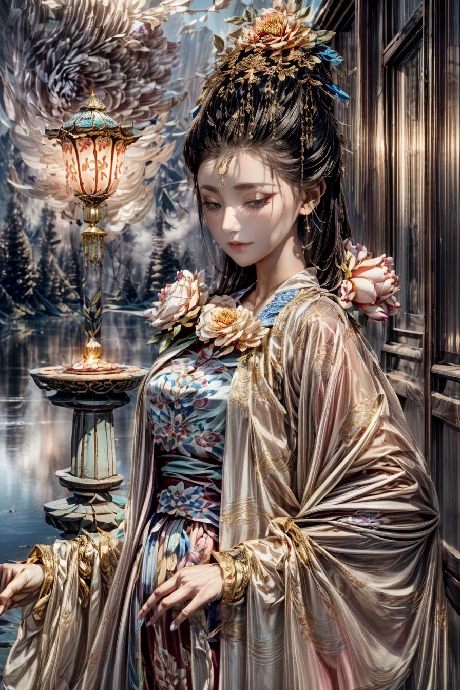 <(best quality, extremery best quality, masterpiece:1.4), (realistic, intricate details:1.4), (photorealistic:1.4), (extremely intricate:1.4), highres, ultra highres, ultra detailed, ultra-detailed, absurdres, incredibly absurdres, extremely detailed, high quality, high resolution, hyperrealistic, ultra-realistic, hyper-detailed, top quality, best, fine detail, massive detail, Highly detailed, extreme detailed, highest detailed, high-res, absolutely resolution, reflection, (refraction:1.4), (hyperrealism:1.4)>, BREAK, (1girl:1.3), solo, looking at viewer, (young cute beautiful 18-year-old girl:1.4), 3d face, (hand of Guido Daniele:1.4), beautiful girl, Beautiful face, pretty, girlface, kpop idol, supermodel, stunning innocent symmetry face, perfect body, medium breast, slim waist, slim legs, (high detailed skin:1.5), glowing eyes, goddess, natural skin texture, shiny skin, White skin, Beautiful detailed face, detailed face, real skin texture, cute delicate face, finely detailed face, golden ratio, golden ratio face, expressive eyes, perfect face, perfect skin, flawless face, clear face, shiny hair, pale skin, Proper body proportion, perfect anatomy, realistic skin texture, luscious lips, glossy lips, natural makeup, beautiful bright pupils, slender figure, intricate eyes, detailed pupils, detailed face and eyes, longeyelashes, blush, good hand, perfect hands, pretty face, beautiful female bodies, finely detailed skin, oily shiny skin, clean facial features, an extremely delicate and beautiful, cute & girly, beautiful detailed eyes, stars in the eyes, detailed simmetric eyes, perfect smooth skin texture, BREAK, (((((standing, (zanhua, holding flower, Pink flower on head:1.4), (smile, Pink hair, Pink eye, long hair, Pink eyelashes, Pink lips, Pink lip colour, Eyes glowing Pink, flat bangs, wearing hanfu, in Pink and white, happy expression, bird, lotus, hair ornament, water, dancing with butterfly, hanfu_tang, tang dynasty, chinese traditional architecture, in the garden, floral background, brilliant colors, wearing Tang-style clothing, flowing sleeves, floral pattern, golden bracelets, pearl earrings, long_hair, nail_polish, jewelry, ancient art, chinese style, golden embroidery, ornate hairpin, jade accessories, standing in imperial palace, red pillars, golden details, intricate carvings, decorative screens, sparkling jewels, ruqun, rich Chinese red, golden decorations, exquisite screens, golden dragon-patterned wallpaper, Pink silk curtains, delicate porcelain, Pink flower decorations, Pink carpets, mooth curved bridge, blue sky and green water:1.5), (night, Night time, moon light, sky, landscape, aurora borealis, stars, outdoors, Chinese, Pink fireworks, Sakura tree background:1.4), (lake background, mountains, full moon background, night lake shore, river, forest, chinese style countryard, lanterns, pond, cobblestone pathway, building pavilion, chinese buildings, moutains, misty lake, ancient chinese background, puddle, after the rain, petals falling, wet grass and trees, flower sea, in a meadow, waterfall, breeze, flying splashes, flying petals, leaves, bloom, bloom effect, surrounded by heavy floating petal flow, petal, Pink butterfly, flower, detailed beautiful grassland with petal, flowers, plants, Pink rose, many Pink roses, leaves falling from the tree, dust is drifting, ethereal, scenery, nature, mysterious background:1.4), (iridescent colors, Iridescence, blush, mysterious, fantasy background, fantasy, open mouth:1.2), (fog, wind:1.2), (Luminescent Particles:1.3), (fullbody:1.2), (eye focus, face focus, character focus, close-up face:1.2), (dutch angle, cowboy shot:1.3), colorful refraction)))), BREAK, <watercolor, available light, detailed light, volumetric fog, beautiful lighting, Rembrandt lighting, Cinematic, pixel art, game art, key visual, surreal, PBR Texturing, Anisotropic Filtering, Maximum Clarity And Sharpness, Albedo And Specular Maps, Multi-Layered Textures, Surface Shading, Sub-Pixel Convolution, Sub-Pixel Convolution, Accurate Simulation Of Light-Material Interaction, blurry foreground, broad light, volumetric light effect, matte painting, perfectly defined features, volumetric lighting, Tone Mapping, Lumen Reflections, Global illumination, Ray Tracing, Screen Space Global Illumination, Accent Lighting, 32k, Natural Lighting, volumetric, cinematic masterpiece, Rule of thirds, high dynamic range, Multi-exposure HDR capture, cinematic render, game cg cinematic, atmospheric perspective, movie scene, epic dynamic frame, motion blur, ((cinematic look, Film look)), rim light, 4k textures, adobe lightroom, photolab, insane details, hyperdetailed, exposure blend, professional color grading, professional color correction, aerial perspective, particles and dust in beams of light, cinematic scene, dynamic lighting, sharp details, lomography, soft focus, light leaks, bold hues, atmospheric depth, (explosive light and shadow:1.2), aesthetics, intricate designs, ultra realistic digital art, (zentangle, mandala, tangle, entangle), (fractal art), elegant, vivid colours, floating particles, particles, dramatic, epic, (ink drawing, oil painting detailed), (dramatic lighting:1.2), RAW, huge filesize, extremery detailed CG, Photo, 8k uhd, cinematic atmosphere, trending on artstation, award-winning glamour photograph, highly detailed photo, official art, beautiful and aesthetic, unity 8k wallpaper, beautiful, highly detailed CG illustration, best illustration, intricate, Amazing, emotional, analog, painting, digital painting, concept art, Oil Painting, illustration, Classical art, Renaissance, Romanticism, Neoclassicism, Color Palette, depth and contrast, Vibrant colors, saturated, rich saturation, color harmony, vivid palette, concept-art, design style, detail character, concept render, colorful, analog photography, dreamy atmosphere, specular highlights, atmospheric lighting, (dynamic angle, dynamic pose :1.3), (shiny, clothes reflecting light, lens flare, bloom effect, light particle, lens glare:1.3), realistic lighting, cinematic light, (cinematic lighting), light in the face, soft lighting, saturated colors, detailed background, sharp focus, 8k high definition, perspective, Master Composition, roughness, post-processing, soft shadows, realistic shadows, ambient occlusion, ray-tracing, subsurface scattering, photon mapping, physically-based rendering, octane rendering, unreal engine 5, ue5 rendering, Adobe After FX, dslr, RTX, Best character details, radiosity, sharp, antialiased, RAW photo, HDR, 8k, 4k, (((Photographed by Roger Deakins, using a RED Monstro 8K VV camera and a series of high-end lenses))), ((Hasselblad photography)), (film grain:1.4), Kodak portra 400, ((Fujifilm X-T5)), professional photograph, depth of field, caustics, Broad lighting, diffuse lighting, rim lighting, two tone lighting, textile details, visible pores, high resolution scan, professionally color graded, photographic reality, automatic white balance, best lighting, detailed shadow, high contrast, strong light and shadow>, (PureErosFace_V1:0.5), (ulzzang-6500:1), <lora:epiNoiseoffset_v3:2>, <lora:add_detail:2>, <lora:hipoly_3dcg_v7-epoch-000012:0.6>, <lora:zhongfenghuaxiyou-000018:0.1>, zhongfenghua, <lora:zanhua_v1:0.9>