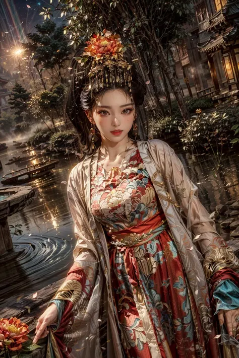 <(best quality, extremery best quality, masterpiece:1.4), (realistic, intricate details:1.4), (photorealistic:1.4), (extremely intricate:1.4), highres, ultra highres, ultra detailed, ultra-detailed, absurdres, incredibly absurdres, extremely detailed, high quality, high resolution, hyperrealistic, ultra-realistic, hyper-detailed, top quality, best, fine detail, massive detail, Highly detailed, extreme detailed, highest detailed, high-res, absolutely resolution, reflection, (refraction:1.4), (hyperrealism:1.4)>, BREAK, (1girl:1.3), solo, looking at viewer, (young cute beautiful 18-year-old girl:1.4), 3d face, (hand of Guido Daniele:1.4), beautiful girl, Beautiful face, pretty, girlface, kpop idol, supermodel, stunning innocent symmetry face, perfect body, medium breast, slim waist, slim legs, (high detailed skin:1.5), glowing eyes, goddess, natural skin texture, shiny skin, White skin, Beautiful detailed face, detailed face, real skin texture, cute delicate face, finely detailed face, golden ratio, golden ratio face, expressive eyes, perfect face, perfect skin, flawless face, clear face, shiny hair, pale skin, Proper body proportion, perfect anatomy, realistic skin texture, luscious lips, glossy lips, natural makeup, beautiful bright pupils, slender figure, intricate eyes, detailed pupils, detailed face and eyes, longeyelashes, blush, good hand, perfect hands, pretty face, beautiful female bodies, finely detailed skin, oily shiny skin, clean facial features, an extremely delicate and beautiful, cute & girly, beautiful detailed eyes, stars in the eyes, detailed simmetric eyes, perfect smooth skin texture, BREAK, (((((standing, (zanhua, holding flower, Pink flower on head:1.4), (smile, Pink hair, Pink eye, long hair, Pink eyelashes, Pink lips, Pink lip colour, Eyes glowing Pink, flat bangs, wearing hanfu, in Pink and white, happy expression, bird, lotus, hair ornament, water, dancing with butterfly, hanfu_tang, tang dynasty, chinese traditional architecture, in the garden, floral background, brilliant colors, wearing Tang-style clothing, flowing sleeves, floral pattern, golden bracelets, pearl earrings, long_hair, nail_polish, jewelry, ancient art, chinese style, golden embroidery, ornate hairpin, jade accessories, standing in imperial palace, red pillars, golden details, intricate carvings, decorative screens, sparkling jewels, ruqun, rich Chinese red, golden decorations, exquisite screens, golden dragon-patterned wallpaper, Pink silk curtains, delicate porcelain, Pink flower decorations, Pink carpets, mooth curved bridge, blue sky and green water:1.5), (night, Night time, moon light, sky, landscape, aurora borealis, stars, outdoors, Chinese, Pink fireworks, Sakura tree background:1.4), (lake background, mountains, full moon background, night lake shore, river, forest, chinese style countryard, lanterns, pond, cobblestone pathway, building pavilion, chinese buildings, moutains, misty lake, ancient chinese background, puddle, after the rain, petals falling, wet grass and trees, flower sea, in a meadow, waterfall, breeze, flying splashes, flying petals, leaves, bloom, bloom effect, surrounded by heavy floating petal flow, petal, Pink butterfly, flower, detailed beautiful grassland with petal, flowers, plants, Pink rose, many Pink roses, leaves falling from the tree, dust is drifting, ethereal, scenery, nature, mysterious background:1.4), (iridescent colors, Iridescence, blush, mysterious, fantasy background, fantasy, open mouth:1.2), (fog, wind:1.2), (Luminescent Particles:1.3), (fullbody:1.2), (eye focus, face focus, character focus, close-up face:1.2), (dutch angle, cowboy shot:1.3), colorful refraction)))), BREAK, <watercolor, available light, detailed light, volumetric fog, beautiful lighting, Rembrandt lighting, Cinematic, pixel art, game art, key visual, surreal, PBR Texturing, Anisotropic Filtering, Maximum Clarity And Sharpness, Albedo And Specular Maps, Multi-Layered Textures, Surface Shading, Sub-Pixel Convolution, Sub-Pixel Convolution, Accurate Simulation Of Light-Material Interaction, blurry foreground, broad light, volumetric light effect, matte painting, perfectly defined features, volumetric lighting, Tone Mapping, Lumen Reflections, Global illumination, Ray Tracing, Screen Space Global Illumination, Accent Lighting, 32k, Natural Lighting, volumetric, cinematic masterpiece, Rule of thirds, high dynamic range, Multi-exposure HDR capture, cinematic render, game cg cinematic, atmospheric perspective, movie scene, epic dynamic frame, motion blur, ((cinematic look, Film look)), rim light, 4k textures, adobe lightroom, photolab, insane details, hyperdetailed, exposure blend, professional color grading, professional color correction, aerial perspective, particles and dust in beams of light, cinematic scene, dynamic lighting, sharp details, lomography, soft focus, light leaks, bold hues, atmospheric depth, (explosive light and shadow:1.2), aesthetics, intricate designs, ultra realistic digital art, (zentangle, mandala, tangle, entangle), (fractal art), elegant, vivid colours, floating particles, particles, dramatic, epic, (ink drawing, oil painting detailed), (dramatic lighting:1.2), RAW, huge filesize, extremery detailed CG, Photo, 8k uhd, cinematic atmosphere, trending on artstation, award-winning glamour photograph, highly detailed photo, official art, beautiful and aesthetic, unity 8k wallpaper, beautiful, highly detailed CG illustration, best illustration, intricate, Amazing, emotional, analog, painting, digital painting, concept art, Oil Painting, illustration, Classical art, Renaissance, Romanticism, Neoclassicism, Color Palette, depth and contrast, Vibrant colors, saturated, rich saturation, color harmony, vivid palette, concept-art, design style, detail character, concept render, colorful, analog photography, dreamy atmosphere, specular highlights, atmospheric lighting, (dynamic angle, dynamic pose :1.3), (shiny, clothes reflecting light, lens flare, bloom effect, light particle, lens glare:1.3), realistic lighting, cinematic light, (cinematic lighting), light in the face, soft lighting, saturated colors, detailed background, sharp focus, 8k high definition, perspective, Master Composition, roughness, post-processing, soft shadows, realistic shadows, ambient occlusion, ray-tracing, subsurface scattering, photon mapping, physically-based rendering, octane rendering, unreal engine 5, ue5 rendering, Adobe After FX, dslr, RTX, Best character details, radiosity, sharp, antialiased, RAW photo, HDR, 8k, 4k, (((Photographed by Roger Deakins, using a RED Monstro 8K VV camera and a series of high-end lenses))), ((Hasselblad photography)), (film grain:1.4), Kodak portra 400, ((Fujifilm X-T5)), professional photograph, depth of field, caustics, Broad lighting, diffuse lighting, rim lighting, two tone lighting, textile details, visible pores, high resolution scan, professionally color graded, photographic reality, automatic white balance, best lighting, detailed shadow, high contrast, strong light and shadow>, (PureErosFace_V1:0.5), (ulzzang-6500:1), <lora:epiNoiseoffset_v3:2>, <lora:add_detail:2>, <lora:hipoly_3dcg_v7-epoch-000012:0.6>, <lora:zhongfenghuaxiyou-000018:0.1>, zhongfenghua, <lora:zanhua_v1:0.9>