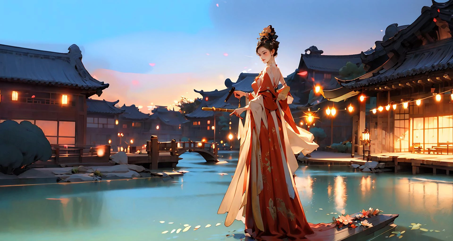 zanhua, Best quality, masterpiece, (1 girl), in red, ((full body)), curved bridge, blue sky and green water,<lora:zanhua_v1:0.9>