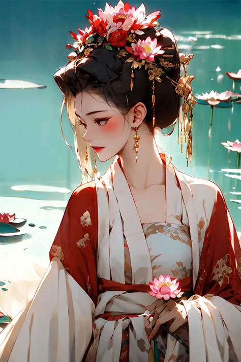 zanhua, Best quality, masterpiece, 1 girl,upper body, holding flower, red flower on head, wearing hanfu, in red and white, looking at viewer, bird, flower, black hair, ((lotus)), solo, hair ornament, water, reflection, daylight, cinematic light,
<lora:zanhua_v1:0.9>