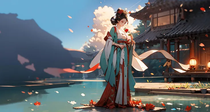 indoor, zanhua, Best quality, masterpiece, 1 girl, ((full body)), front view,  holding flower, red flower on head, wearing hanfu, mooth curved bridge, blue sky and green water
<lora:zanhua_v1:0.8>