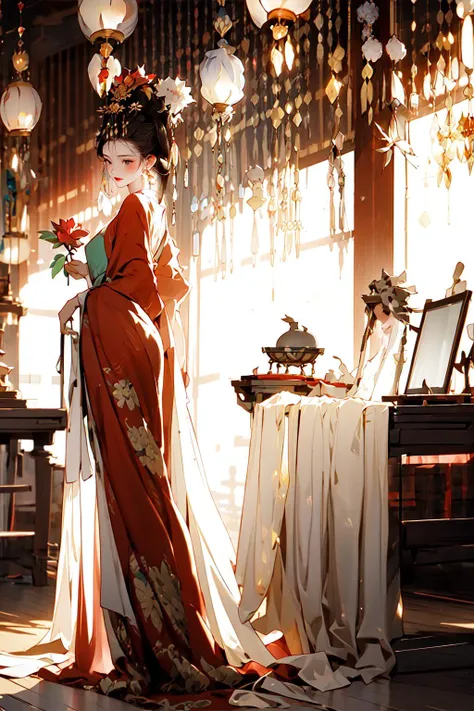 zanhua, Best quality, masterpiece, 1 girl, full body, holding flower, red flower on head, wearing hanfu, in red and white, looking at viewer, golden embroidery, ornate hairpin, jade accessories, red lips, rosy cheeks, slender figure, elegant posture, graceful, serene expression, standing in imperial palace, red pillars, golden details, intricate carvings, decorative screens:, sparkling jewels, indoors
<hypernet:dalcefoNocopyV2_dalcefoNocopyV2:0.5> <lora:zanhua_v1:0.8>