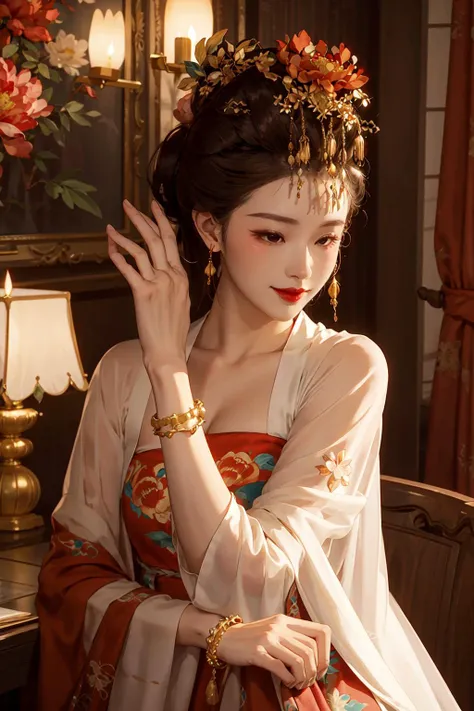 (zanhua), Best quality, masterpiece, 1 girl, solo,smile, ((flower on head)), wearing Tang-style clothing, flowing sleeves, floral pattern, red lips, rosy cheeks, slender figure, fair skin, delicate hands, golden bracelets, pearl earrings, headpiece with peony flowers, calm expression, graceful posture, in a lavishly decorated Chinese-style room filled with peony flowers, pink petals, delicate fragrance, intricate carvings, elegant furniture, silk cushions
<lora:zanhua_v1:0.8>