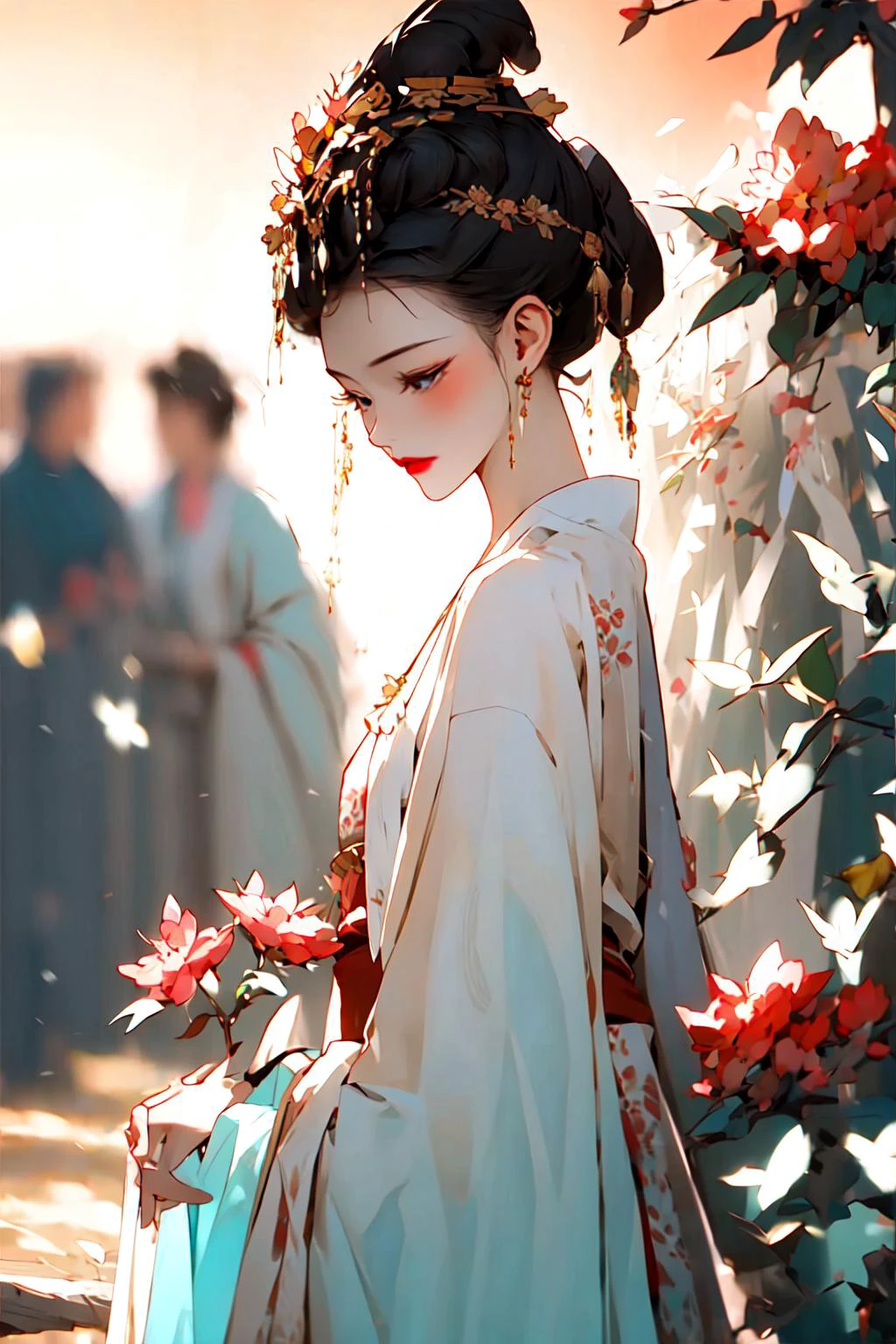 zanhua, Best quality, masterpiece, 1 girl, full body, holding flower, red flower on head, wearing hanfu, in red and white, looking at viewer, golden embroidery, ornate hairpin, jade accessories, red lips, rosy cheeks, slender figure, elegant posture, graceful, serene expression, standing in imperial palace, red pillars, golden details, intricate carvings, decorative screens:, sparkling jewels, outdoors
<hypernet:dalcefoNocopyV2_dalcefoNocopyV2:0.5> <lora:zanhua_v1:0.9>