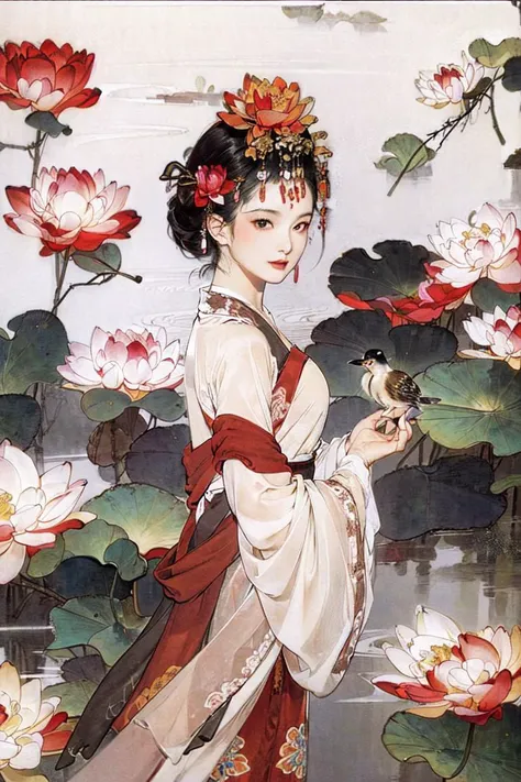 zanhua, Best quality, masterpiece, 1 girl,upper body, holding flower, red flower on head, wearing hanfu, in red and white, looking at viewer, bird, flower, black hair, ((lotus)), solo, hair ornament, water, reflection, daylight, cinematic light,
<lora:zanhua_v1:0.8> <lora:Xiaorenshu_v20:0.7> <lora:Flowergirl_v1:0.5>