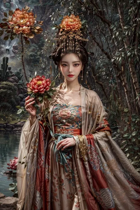 <(best quality, extremery best quality, masterpiece:1.4), (realistic, intricate details:1.4), (photorealistic:1.4), (extremely intricate:1.4), highres, ultra highres, ultra detailed, ultra-detailed, absurdres, incredibly absurdres, extremely detailed, high quality, high resolution, hyperrealistic, ultra-realistic, hyper-detailed, top quality, best, fine detail, massive detail, Highly detailed, extreme detailed, highest detailed, high-res, absolutely resolution, reflection, (refraction:1.4), (hyperrealism:1.4)>, BREAK, (1girl:1.3), solo, looking at viewer, (young cute beautiful 18-year-old girl:1.4), 3d face, (hand of Guido Daniele:1.4), beautiful girl, Beautiful face, pretty, girlface, kpop idol, supermodel, stunning innocent symmetry face, perfect body, medium breast, slim waist, slim legs, (high detailed skin:1.5), glowing eyes, goddess, natural skin texture, shiny skin, White skin, Beautiful detailed face, detailed face, real skin texture, cute delicate face, finely detailed face, golden ratio, golden ratio face, expressive eyes, perfect face, perfect skin, flawless face, clear face, shiny hair, pale skin, Proper body proportion, perfect anatomy, realistic skin texture, luscious lips, glossy lips, natural makeup, beautiful bright pupils, slender figure, intricate eyes, detailed pupils, detailed face and eyes, longeyelashes, blush, good hand, perfect hands, pretty face, beautiful female bodies, finely detailed skin, oily shiny skin, clean facial features, an extremely delicate and beautiful, cute & girly, beautiful detailed eyes, stars in the eyes, detailed simmetric eyes, perfect smooth skin texture, BREAK, (((((standing, (zanhua, holding flower, Pink flower on head:1.4), (smile, Pink hair, Pink eye, long hair, Pink eyelashes, Pink lips, Pink lip colour, Eyes glowing Pink, flat bangs, wearing hanfu, in Pink and white, happy expression, bird, lotus, hair ornament, water, dancing with butterfly, hanfu_tang, tang dynasty, chinese traditional architecture, in the garden, floral background, brilliant colors, wearing Tang-style clothing, flowing sleeves, floral pattern, golden bracelets, pearl earrings, long_hair, nail_polish, jewelry, ancient art, chinese style, golden embroidery, ornate hairpin, jade accessories, standing in imperial palace, red pillars, golden details, intricate carvings, decorative screens, sparkling jewels, ruqun, rich Chinese red, golden decorations, exquisite screens, golden dragon-patterned wallpaper, Pink silk curtains, delicate porcelain, Pink flower decorations, Pink carpets, mooth curved bridge, blue sky and green water:1.5), (night, Night time, moon light, sky, landscape, aurora borealis, stars, outdoors, Chinese, Pink fireworks, Sakura tree background:1.4), (lake background, mountains, full moon background, night lake shore, river, forest, chinese style countryard, lanterns, pond, cobblestone pathway, building pavilion, chinese buildings, moutains, misty lake, ancient chinese background, puddle, after the rain, petals falling, wet grass and trees, flower sea, in a meadow, waterfall, breeze, flying splashes, flying petals, leaves, bloom, bloom effect, surrounded by heavy floating petal flow, petal, Pink butterfly, flower, detailed beautiful grassland with petal, flowers, plants, Pink rose, many Pink roses, leaves falling from the tree, dust is drifting, ethereal, scenery, nature, mysterious background:1.4), (iridescent colors, Iridescence, blush, mysterious, fantasy background, fantasy, open mouth:1.2), (fog, wind:1.2), (Luminescent Particles:1.3), (fullbody:1.2), (eye focus, face focus, character focus, close-up face:1.2), (dutch angle, cowboy shot:1.3), colorful refraction)))), BREAK, <watercolor, available light, detailed light, volumetric fog, beautiful lighting, Rembrandt lighting, Cinematic, pixel art, game art, key visual, surreal, PBR Texturing, Anisotropic Filtering, Maximum Clarity And Sharpness, Albedo And Specular Maps, Multi-Layered Textures, Surface Shading, Sub-Pixel Convolution, Sub-Pixel Convolution, Accurate Simulation Of Light-Material Interaction, blurry foreground, broad light, volumetric light effect, matte painting, perfectly defined features, volumetric lighting, Tone Mapping, Lumen Reflections, Global illumination, Ray Tracing, Screen Space Global Illumination, Accent Lighting, 32k, Natural Lighting, volumetric, cinematic masterpiece, Rule of thirds, high dynamic range, Multi-exposure HDR capture, cinematic render, game cg cinematic, atmospheric perspective, scene, epic dynamic frame, motion blur, ((cinematic look, Film look)), rim light, 4k textures, adobe lightroom, photolab, insane details, hyperdetailed, exposure blend, professional color grading, professional color correction, aerial perspective, particles and dust in beams of light, cinematic scene, dynamic lighting, sharp details, lomography, soft focus, light leaks, bold hues, atmospheric depth, (explosive light and shadow:1.2), aesthetics, intricate designs, ultra realistic digital art, (zentangle, mandala, tangle, entangle), (fractal art), elegant, vivid colours, floating particles, particles, dramatic, epic, (ink drawing, oil painting detailed), (dramatic lighting:1.2), RAW, huge filesize, extremery detailed CG, Photo, 8k uhd, cinematic atmosphere, trending on artstation, award-winning glamour photograph, highly detailed photo, official art, beautiful and aesthetic, unity 8k wallpaper, beautiful, highly detailed CG illustration, best illustration, intricate, Amazing, emotional, analog, painting, digital painting, concept art, Oil Painting, illustration, Classical art, Renaissance, Romanticism, Neoclassicism, Color Palette, depth and contrast, Vibrant colors, saturated, rich saturation, color harmony, vivid palette, concept-art, design style, detail character, concept render, colorful, analog photography, dreamy atmosphere, specular highlights, atmospheric lighting, (dynamic angle, dynamic pose :1.3), (shiny, clothes reflecting light, lens flare, bloom effect, light particle, lens glare:1.3), realistic lighting, cinematic light, (cinematic lighting), light in the face, soft lighting, saturated colors, detailed background, sharp focus, 8k high definition, perspective, Master Composition, roughness, post-processing, soft shadows, realistic shadows, ambient occlusion, ray-tracing, subsurface scattering, photon mapping, physically-based rendering, octane rendering, unreal engine 5, ue5 rendering, Adobe After FX, dslr, RTX, Best character details, radiosity, sharp, antialiased, RAW photo, HDR, 8k, 4k, (((Photographed by Roger Deakins, using a RED Monstro 8K VV camera and a series of high-end lenses))), ((Hasselblad photography)), (film grain:1.4), Kodak portra 400, ((Fujifilm X-T5)), professional photograph, depth of field, caustics, Broad lighting, diffuse lighting, rim lighting, two tone lighting, textile details, visible pores, high resolution scan, professionally color graded, photographic reality, automatic white balance, best lighting, detailed shadow, high contrast, strong light and shadow>, (PureErosFace_V1:0.5), (ulzzang-6500:1), <lora:epiNoiseoffset_v3:2>, <lora:add_detail:2>, <lora:hipoly_3dcg_v7-epoch-000012:0.6>, <lora:zhongfenghuaxiyou-000018:0.1>, zhongfenghua, <lora:zanhua_v1:0.9>