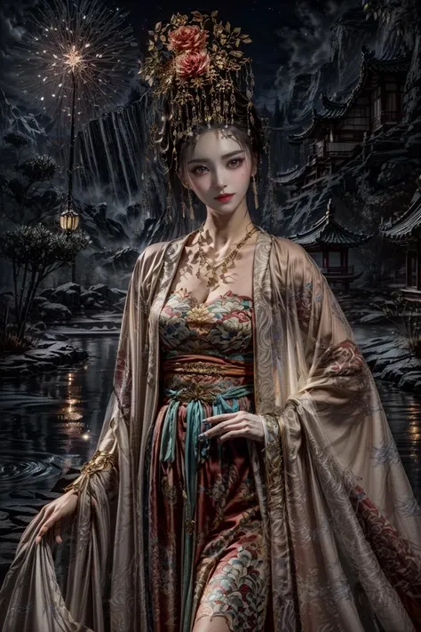 <(best quality, extremery best quality, masterpiece:1.4), (realistic, intricate details:1.4), (photorealistic:1.4), (extremely intricate:1.4), highres, ultra highres, ultra detailed, ultra-detailed, absurdres, incredibly absurdres, extremely detailed, high quality, high resolution, hyperrealistic, ultra-realistic, hyper-detailed, top quality, best, fine detail, massive detail, Highly detailed, extreme detailed, highest detailed, high-res, absolutely resolution, reflection, (refraction:1.4), (hyperrealism:1.4)>, BREAK, (1girl:1.3), solo, looking at viewer, (young cute beautiful 18-year-old girl:1.4), 3d face, (hand of Guido Daniele:1.4), beautiful girl, Beautiful face, pretty, girlface, kpop idol, supermodel, stunning innocent symmetry face, perfect body, medium breast, slim waist, slim legs, (high detailed skin:1.5), glowing eyes, goddess, natural skin texture, shiny skin, White skin, Beautiful detailed face, detailed face, real skin texture, cute delicate face, finely detailed face, golden ratio, golden ratio face, expressive eyes, perfect face, perfect skin, flawless face, clear face, shiny hair, pale skin, Proper body proportion, perfect anatomy, realistic skin texture, luscious lips, glossy lips, natural makeup, beautiful bright pupils, slender figure, intricate eyes, detailed pupils, detailed face and eyes, longeyelashes, blush, good hand, perfect hands, pretty face, beautiful female bodies, finely detailed skin, oily shiny skin, clean facial features, an extremely delicate and beautiful, cute & girly, beautiful detailed eyes, stars in the eyes, detailed simmetric eyes, perfect smooth skin texture, BREAK, (((((standing, (zanhua, holding flower, Pink flower on head:1.4), (smile, Pink hair, Pink eye, long hair, Pink eyelashes, Pink lips, Pink lip colour, Eyes glowing Pink, flat bangs, wearing hanfu, in Pink and white, happy expression, bird, lotus, hair ornament, water, dancing with butterfly, hanfu_tang, tang dynasty, chinese traditional architecture, in the garden, floral background, brilliant colors, wearing Tang-style clothing, flowing sleeves, floral pattern, golden bracelets, pearl earrings, long_hair, nail_polish, jewelry, ancient art, chinese style, golden embroidery, ornate hairpin, jade accessories, standing in imperial palace, red pillars, golden details, intricate carvings, decorative screens, sparkling jewels, ruqun, rich Chinese red, golden decorations, exquisite screens, golden dragon-patterned wallpaper, Pink silk curtains, delicate porcelain, Pink flower decorations, Pink carpets, mooth curved bridge, blue sky and green water:1.5), (night, Night time, moon light, sky, landscape, aurora borealis, stars, outdoors, Chinese, Pink fireworks, Sakura tree background:1.4), (lake background, mountains, full moon background, night lake shore, river, forest, chinese style countryard, lanterns, pond, cobblestone pathway, building pavilion, chinese buildings, moutains, misty lake, ancient chinese background, puddle, after the rain, petals falling, wet grass and trees, flower sea, in a meadow, waterfall, breeze, flying splashes, flying petals, leaves, bloom, bloom effect, surrounded by heavy floating petal flow, petal, Pink butterfly, flower, detailed beautiful grassland with petal, flowers, plants, Pink rose, many Pink roses, leaves falling from the tree, dust is drifting, ethereal, scenery, nature, mysterious background:1.4), (iridescent colors, Iridescence, blush, mysterious, fantasy background, fantasy, open mouth:1.2), (fog, wind:1.2), (Luminescent Particles:1.3), (fullbody:1.2), (eye focus, face focus, character focus, close-up face:1.2), (dutch angle, cowboy shot:1.3), colorful refraction)))), BREAK, <watercolor, available light, detailed light, volumetric fog, beautiful lighting, Rembrandt lighting, Cinematic, pixel art, game art, key visual, surreal, PBR Texturing, Anisotropic Filtering, Maximum Clarity And Sharpness, Albedo And Specular Maps, Multi-Layered Textures, Surface Shading, Sub-Pixel Convolution, Sub-Pixel Convolution, Accurate Simulation Of Light-Material Interaction, blurry foreground, broad light, volumetric light effect, matte painting, perfectly defined features, volumetric lighting, Tone Mapping, Lumen Reflections, Global illumination, Ray Tracing, Screen Space Global Illumination, Accent Lighting, 32k, Natural Lighting, volumetric, cinematic masterpiece, Rule of thirds, high dynamic range, Multi-exposure HDR capture, cinematic render, game cg cinematic, atmospheric perspective, scene, epic dynamic frame, motion blur, ((cinematic look, Film look)), rim light, 4k textures, adobe lightroom, photolab, insane details, hyperdetailed, exposure blend, professional color grading, professional color correction, aerial perspective, particles and dust in beams of light, cinematic scene, dynamic lighting, sharp details, lomography, soft focus, light leaks, bold hues, atmospheric depth, (explosive light and shadow:1.2), aesthetics, intricate designs, ultra realistic digital art, (zentangle, mandala, tangle, entangle), (fractal art), elegant, vivid colours, floating particles, particles, dramatic, epic, (ink drawing, oil painting detailed), (dramatic lighting:1.2), RAW, huge filesize, extremery detailed CG, Photo, 8k uhd, cinematic atmosphere, trending on artstation, award-winning glamour photograph, highly detailed photo, official art, beautiful and aesthetic, unity 8k wallpaper, beautiful, highly detailed CG illustration, best illustration, intricate, Amazing, emotional, analog, painting, digital painting, concept art, Oil Painting, illustration, Classical art, Renaissance, Romanticism, Neoclassicism, Color Palette, depth and contrast, Vibrant colors, saturated, rich saturation, color harmony, vivid palette, concept-art, design style, detail character, concept render, colorful, analog photography, dreamy atmosphere, specular highlights, atmospheric lighting, (dynamic angle, dynamic pose :1.3), (shiny, clothes reflecting light, lens flare, bloom effect, light particle, lens glare:1.3), realistic lighting, cinematic light, (cinematic lighting), light in the face, soft lighting, saturated colors, detailed background, sharp focus, 8k high definition, perspective, Master Composition, roughness, post-processing, soft shadows, realistic shadows, ambient occlusion, ray-tracing, subsurface scattering, photon mapping, physically-based rendering, octane rendering, unreal engine 5, ue5 rendering, Adobe After FX, dslr, RTX, Best character details, radiosity, sharp, antialiased, RAW photo, HDR, 8k, 4k, (((Photographed by Roger Deakins, using a RED Monstro 8K VV camera and a series of high-end lenses))), ((Hasselblad photography)), (film grain:1.4), Kodak portra 400, ((Fujifilm X-T5)), professional photograph, depth of field, caustics, Broad lighting, diffuse lighting, rim lighting, two tone lighting, textile details, visible pores, high resolution scan, professionally color graded, photographic reality, automatic white balance, best lighting, detailed shadow, high contrast, strong light and shadow>, (PureErosFace_V1:0.5), (ulzzang-6500:1), <lora:epiNoiseoffset_v3:2>, <lora:add_detail:2>, <lora:hipoly_3dcg_v7-epoch-000012:0.6>, <lora:zhongfenghuaxiyou-000018:0.1>, zhongfenghua, <lora:zanhua_v1:0.9>