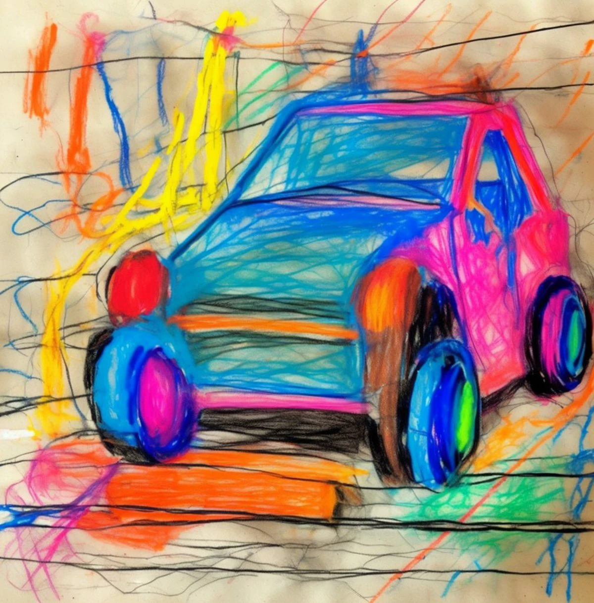 a doodle of a car, drawn with colored chalk, messy, doodle <lora:doodle:1>