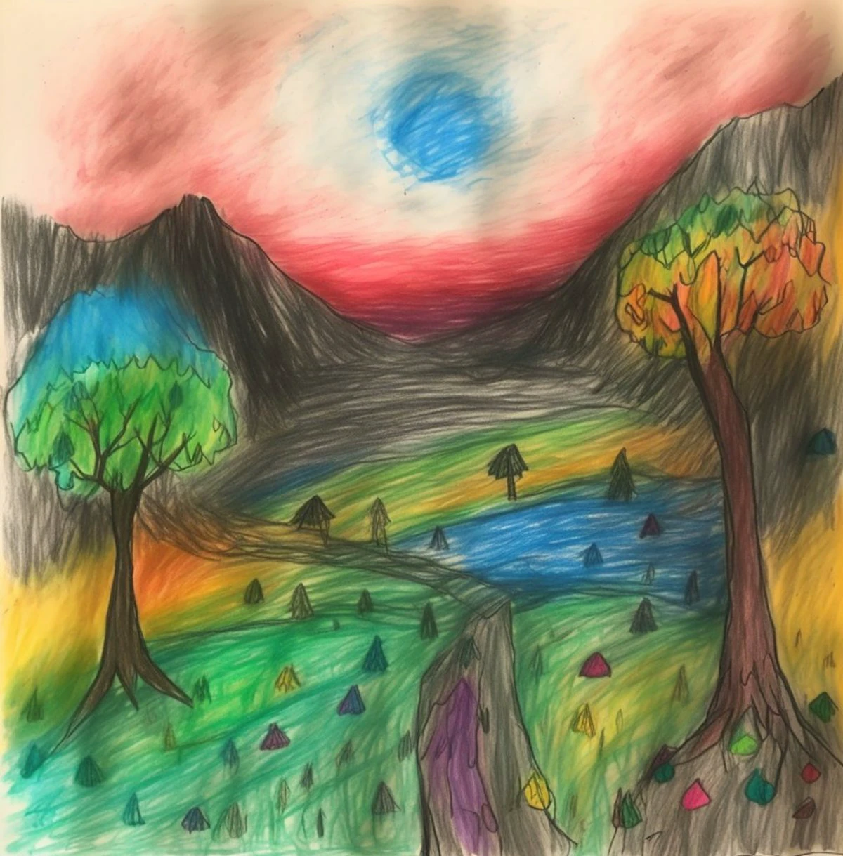 a doodle of a landscape with trees, drawn with colored chalk, messy, doodle <lora:doodle:1>