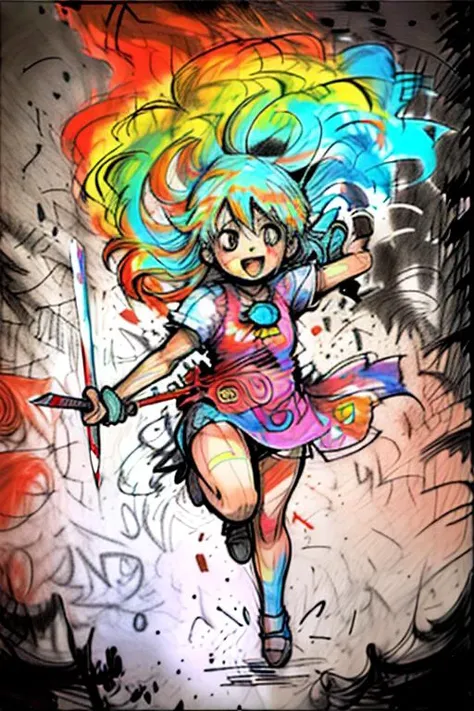 caricature, doodle, drawing, scribble, messy, colored chalk, scribbling, 1girl (m4arj0r13t4y10rgr33n), jumping, swinging a sword,  <lora:doodle:1.3>,