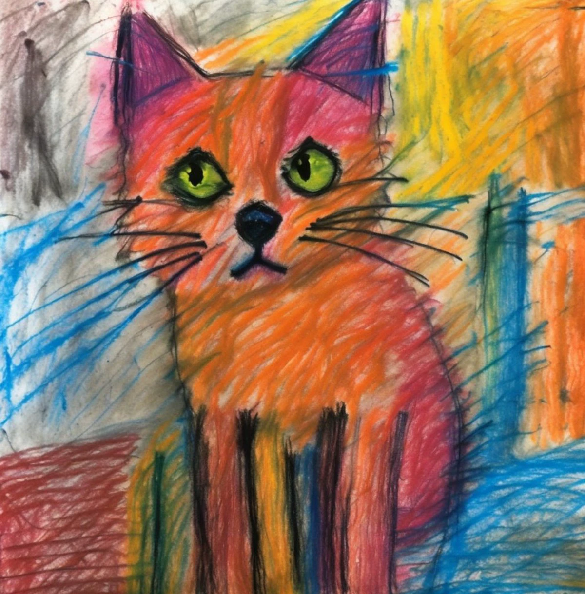 a doodle of my tabby cat, drawn with colored chalk, messy, doodle <lora:doodle:1>