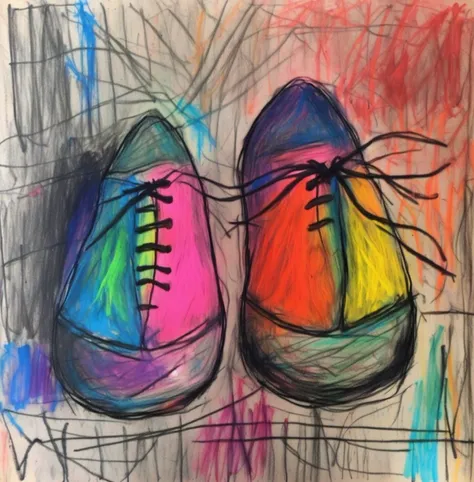 a doodle of my first pair of shoes, drawn with colored chalk, messy, doodle <lora:doodle:1>