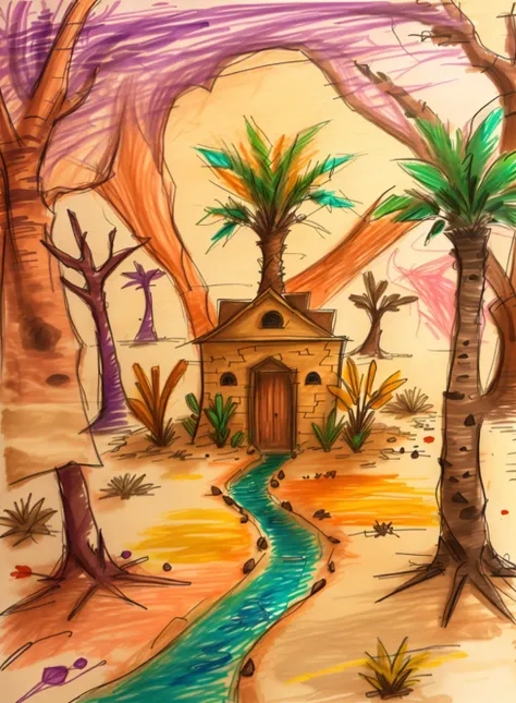 a doodle of an oasis in a desert, trees, scribble, messy <lora:doodle:1>