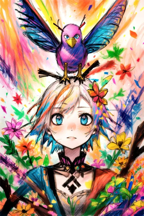 <lora:doodle:1> doodle, messy, stickfigure, crayola, crayons, colored chalk, scribble, colorful, portrait, masterpiece, best quality, ultra-detailed, floating, beautiful detailed eyes, detailed light, fruits, flowers, colorful, garden, colorful background, forest, bird, butterfly