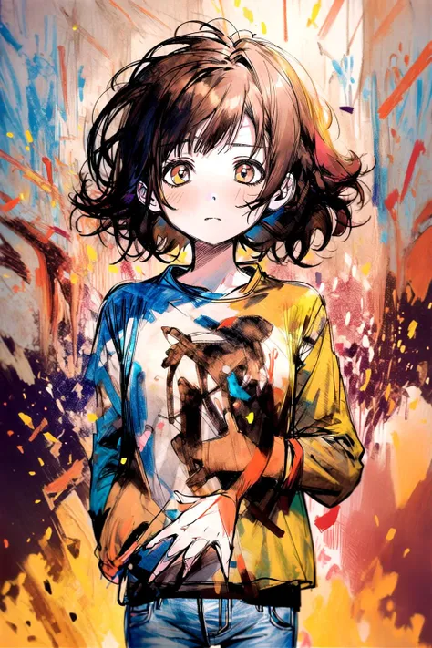 <lora:doodle:1> doodle, messy, stickfigure, crayola, crayons, colored chalk, scribble, colorful, 1girl, brown hair, beautiful brown eyes, small breast, best quality, hires, diffused natural sunlight, depth of field, detailed background, white jacket, jeans, fashion girl, wrinkle t-shirt, hair covers ears, hands in pocket