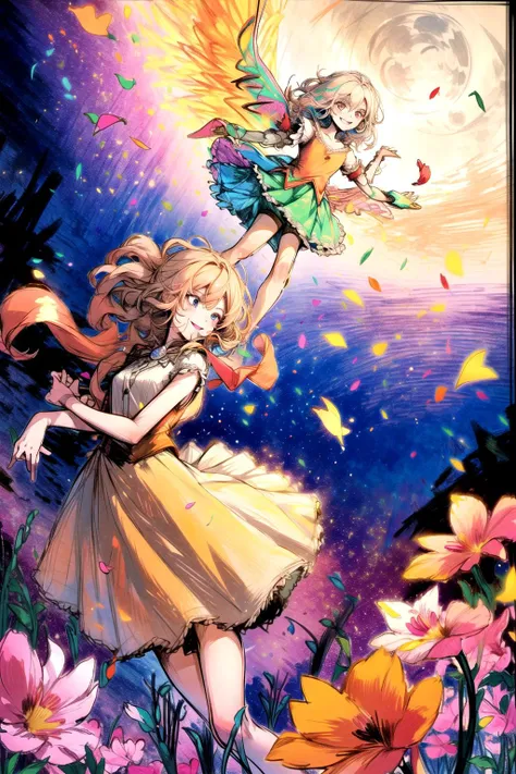 <lora:doodle:1> doodle, messy, stickfigure, crayola, crayons, colored chalk, scribble, colorful, 2girls, friends, colorful, cinematic lighting, cowboy shot, light colored hair, solo, smiling, intricate skirt, ((flying petal)), flowery meadow, moonlight, moon, night, cinematic lighting, fantasy background, dynamic angle,