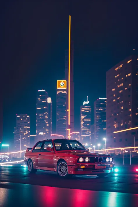 a BMW E30 car rolling in a neon city, contemplative scene, <lora:bmwe30:0.75>,analog style,high quality picture