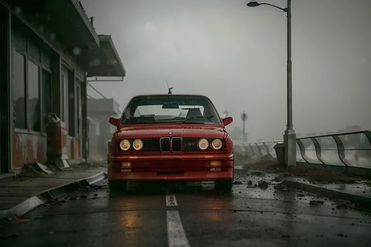 analog gloomy photo of a (red BMW E30 car, <lora:bmwe30:1>), ((speeding in an abandoned city at midnight)), (decayed and dilapidated city monoblocks in the background), (getting shot), (gunfire), ((snowing)), (horror movie), ((nighttime)), (midnight), ruins, dilapidated buildings, High Detail, Sharp focus, (photorealism), realistic, best quality, 8k, award winning, dramatic lighting, epic, cinematic, masterpiece, backlit, contrejour, rim light, ambient fog:1.4, dutch angle, depth of field, motion blur,  volumetric lights,