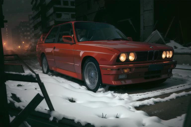 analog gloomy (close up shot) photo of a (red BMW E30 car, <lora:bmwe30:1>), ((speeding in an abandoned city (at midnight))), ((decayed apartment buildings in the background)), ((snow)), (horror ), ((nighttime)), (midnight), ruins, claustrophobic, High Detail, Sharp focus, ((photorealism)), ((realistic)), best quality, 8k, award winning, dramatic lighting, epic, cinematic, masterpiece, backlit, contrejour, rim light, ambient fog:1.4, dutch angle, depth of field, volumetric lights,