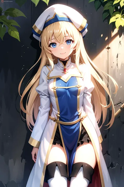 ((teenage:1.3)), (masterpiece, best quality) onna_shinkan, (day), long hair, hat, long sleeves, dress, white headwear, thighhighs, very long hair, thigh boots, wide sleeves, ((long pelvic curtain:1.2)), white thighhighs, hair between eyes, small breasts, cowboy shot, outdoors, village fantasy, smile, looking at viewer, <lora:onna_shinkan:0.9> shadow,