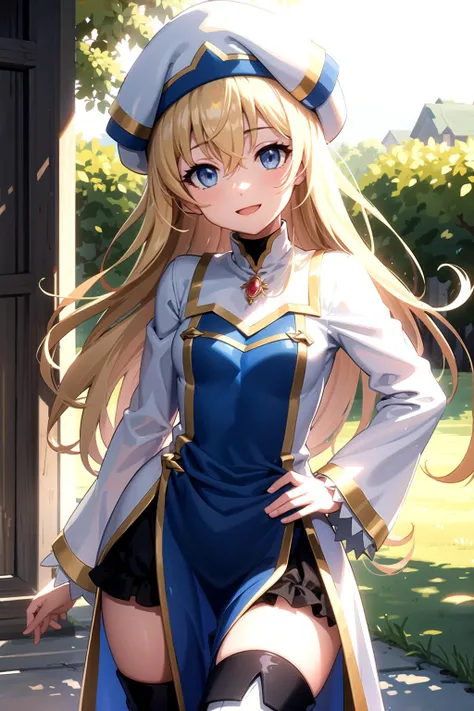 ((teenage:1.3)), (masterpiece, best quality) onna_shinkan, (day), long hair, hat, long sleeves, (long dress:1.2)), white headwear, thighhighs, very long hair, thigh boots, wide sleeves, ((long pelvic curtain:1.2)), white thighhighs, hair between eyes, small breasts, cowboy shot, outdoors, village rural, smile, looking at viewer, <lora:onna_shinkan:0.9> ((shadows)),